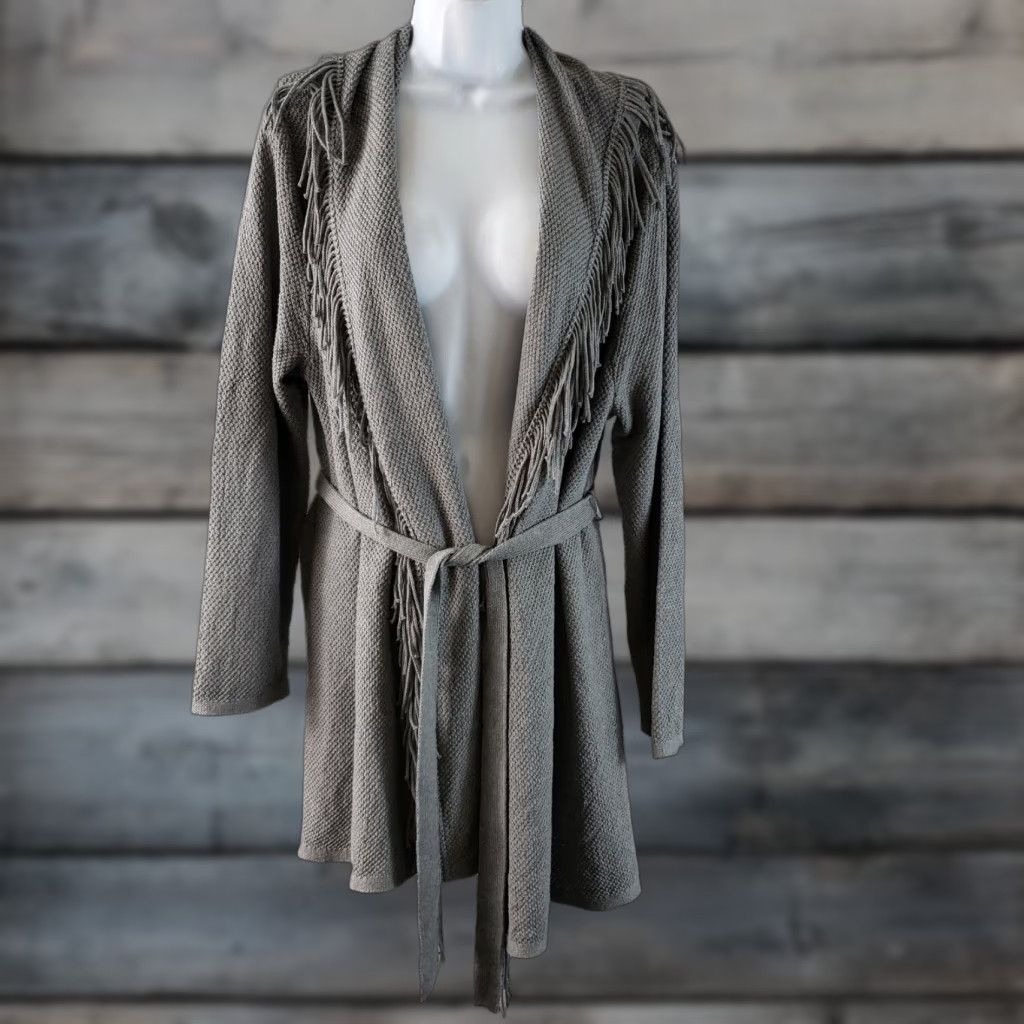 J. Jill J Jill Cardigan Shirt Womens Belted Gray Fringe Cotton Blend Large Petite, Knits, Long Sleeve, Size PL, Size L / US 10 / IT 46 - 1 Thumbnail