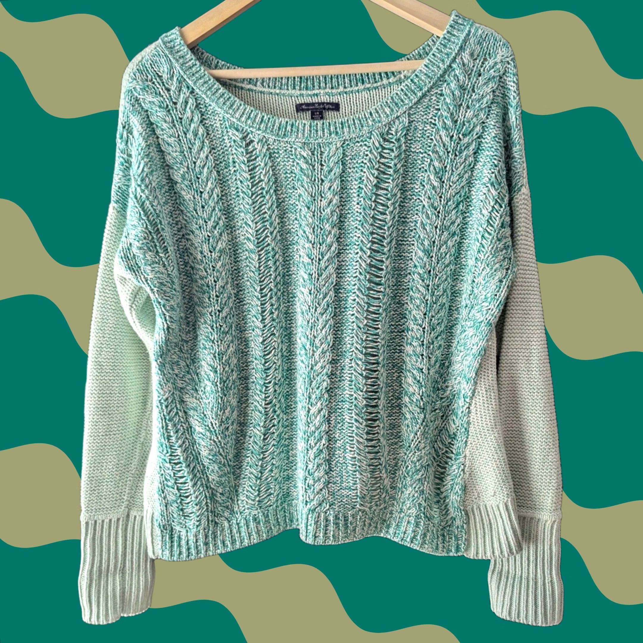 American Eagle Outfitters American Eagle Outfitters Sweater Womens L Mint Green Cable Knit Marled Coastal Pullover Raglan Open-Knit Size L / US 10 / IT 46 - 1 Thumbnail