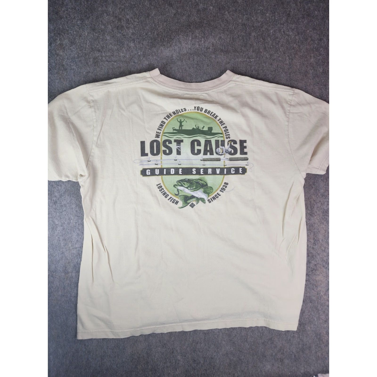 Vintage Columbia Mens T Shirt Large Short Sleeve Lost Cause Fishing Distressed Ivory Cap Sleeve Crew Neck Regular Fit Cotton Size US L / EU 52-54 / 3 - 5 Thumbnail