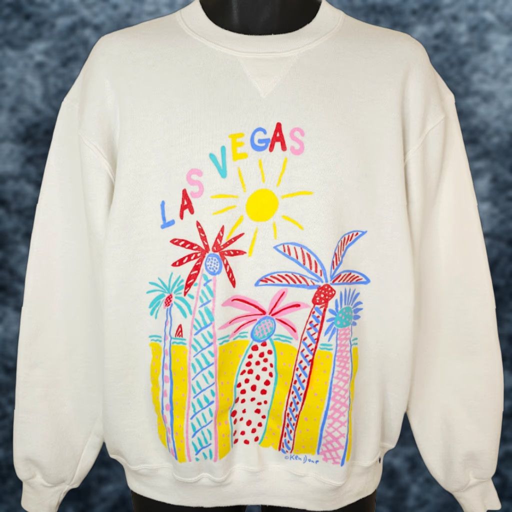 Vintage VINTAGE Las Vegas Sweatshirt Mens Size Medium 80s 90s Beach Palm Trees Tropical Sweatshirt Crew Neck White Cotton Blend Mens Size US M / EU 48-50 / 2 - 1 Thumbnail