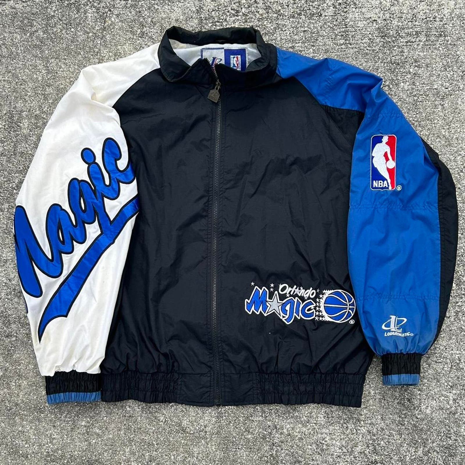 image of Logo 7 x NBA 90's Logo Athletic Orlando Magic Script Sleeve Jacket. Size XL in Black, Men's