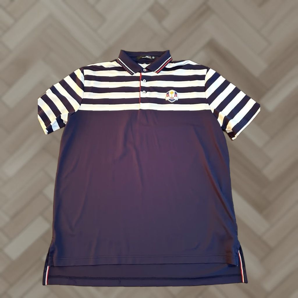 RLX Ralph Lauren Polo Shirt Men Large 2018 Ryder Cup Logo Striped USA Golf
