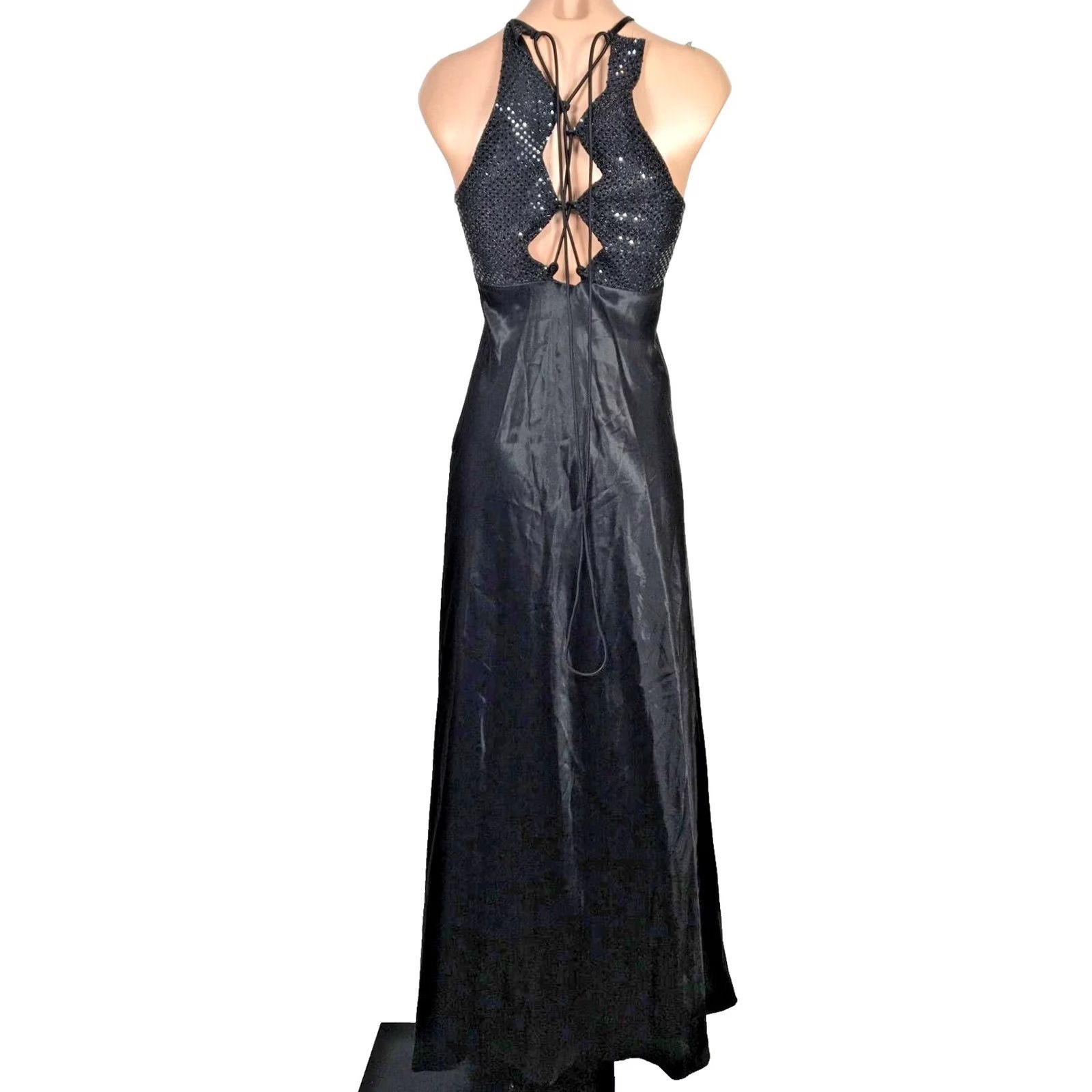 Vintage VTG ZUM ZUM Dress 90s y2k Black Satin A-Line Sequin Lattice Back Evening Gown 8 Size M / US 6-8 / IT 42-44 - 2 Thumbnail