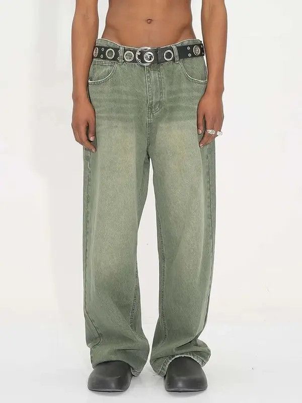 image of Vintage Distressed Washed Y2K Baggy Pants Jeans in Green, Men's (Size 32)