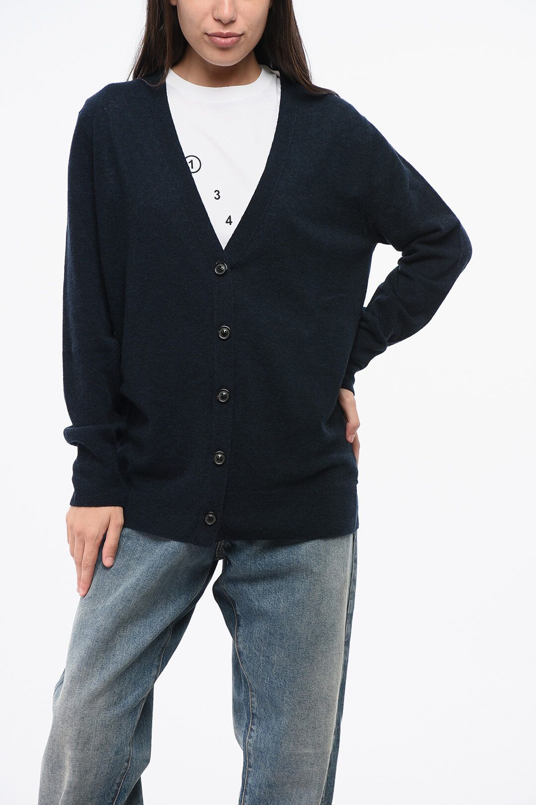 Maison Margiela og1mm0825 Wool & Nylon V-neck Cardigan in Blue Size XS / US 0-2 / IT 36-38 - 1 Thumbnail