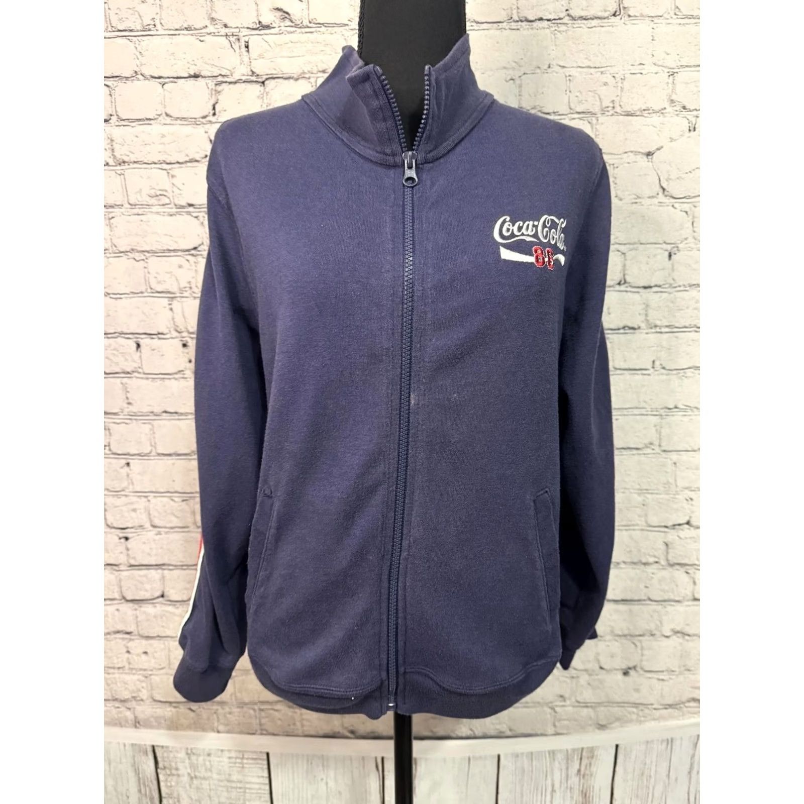 Vintage Coca-Cola Women’s Navy Blue Track Jacket with Red and White Stripe Detail Hoodie Zip Front Womens L Size L / US 10 / IT 46 - 6 Thumbnail