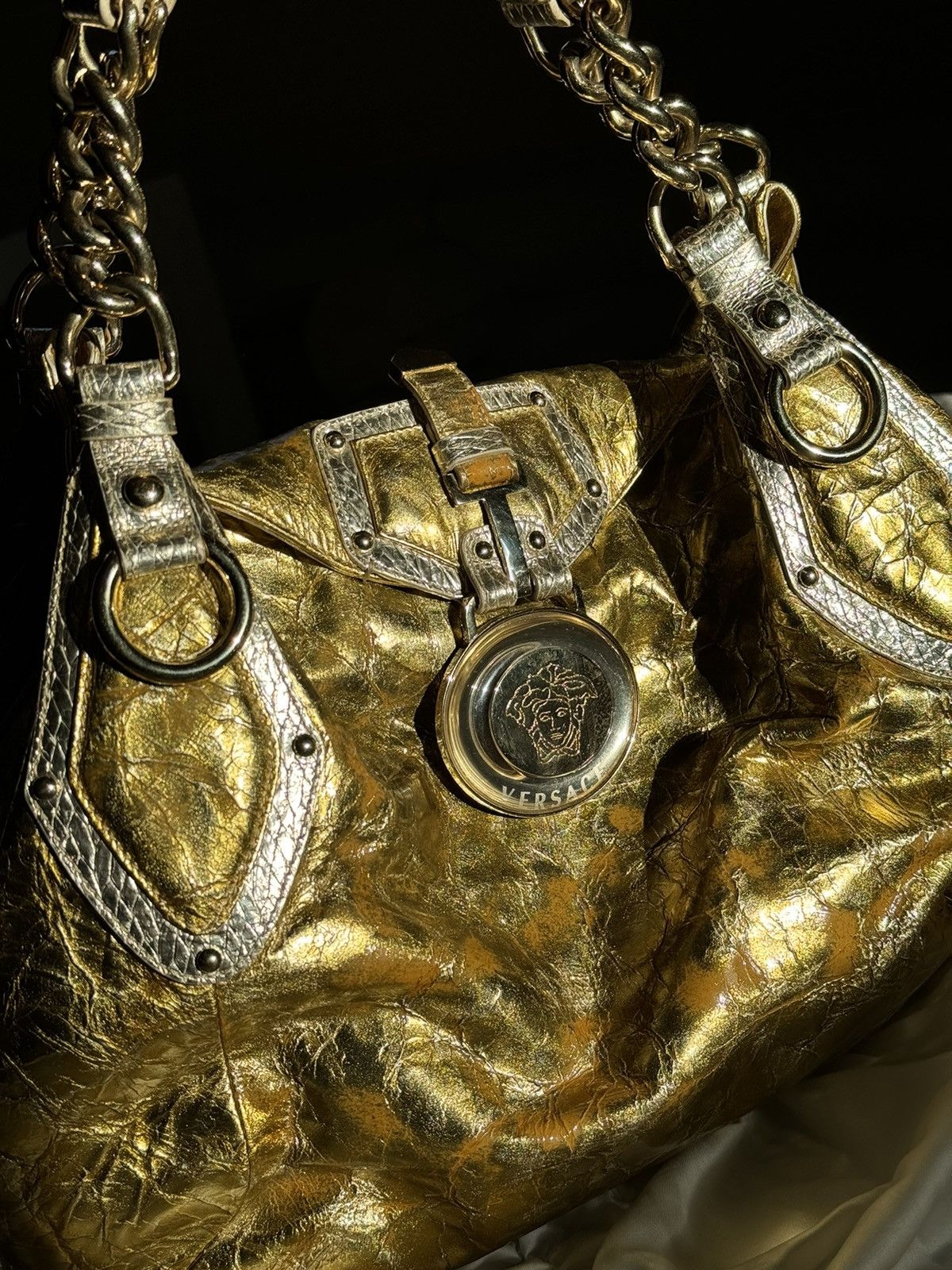 Grailed × Versace Versace Gold/Silver Leather Satchel Bag shoulder Y2K Rare Size ONE SIZE - 5 Thumbnail