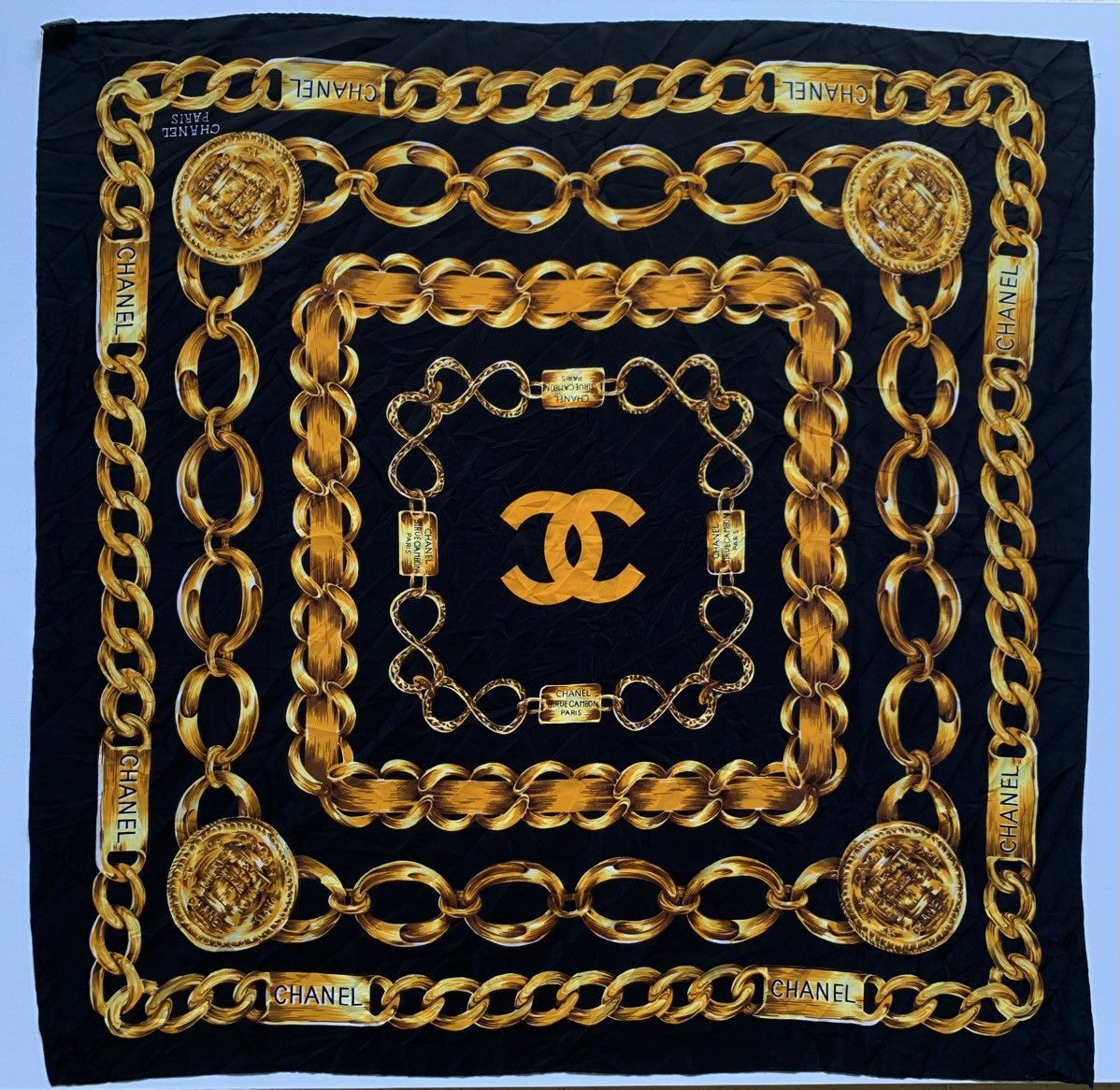 Vintage Chanel gold chain silk scarf