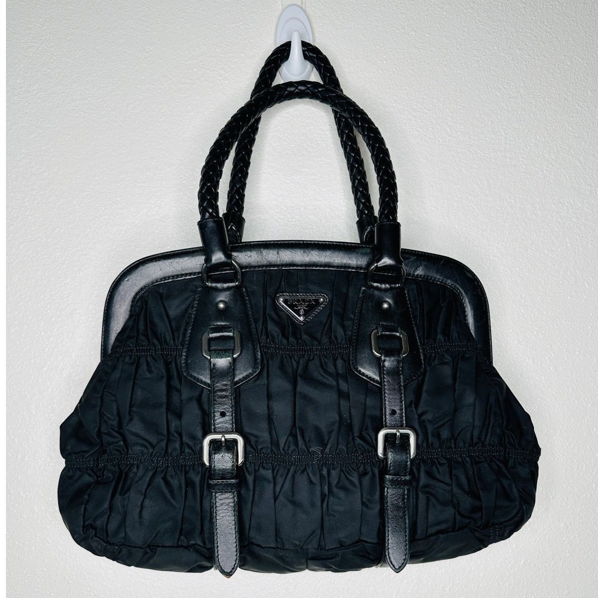 Prada Prada Vintage 90s Black Nylon Leather Buckle Braided Handle Size ONE SIZE - 1 Thumbnail