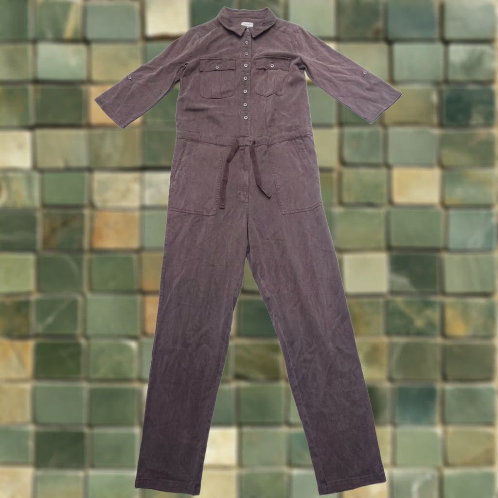 Vintage Sundance Jumpsuit Womens Small Brown Coveralls Twill Lyocell Viscose Roll Tab Sleeve 3/4 Swing Bohemian Hippie Outdoor Casual Travel Pockets Size 28" / US 6 / IT 42 - 1 Thumbnail