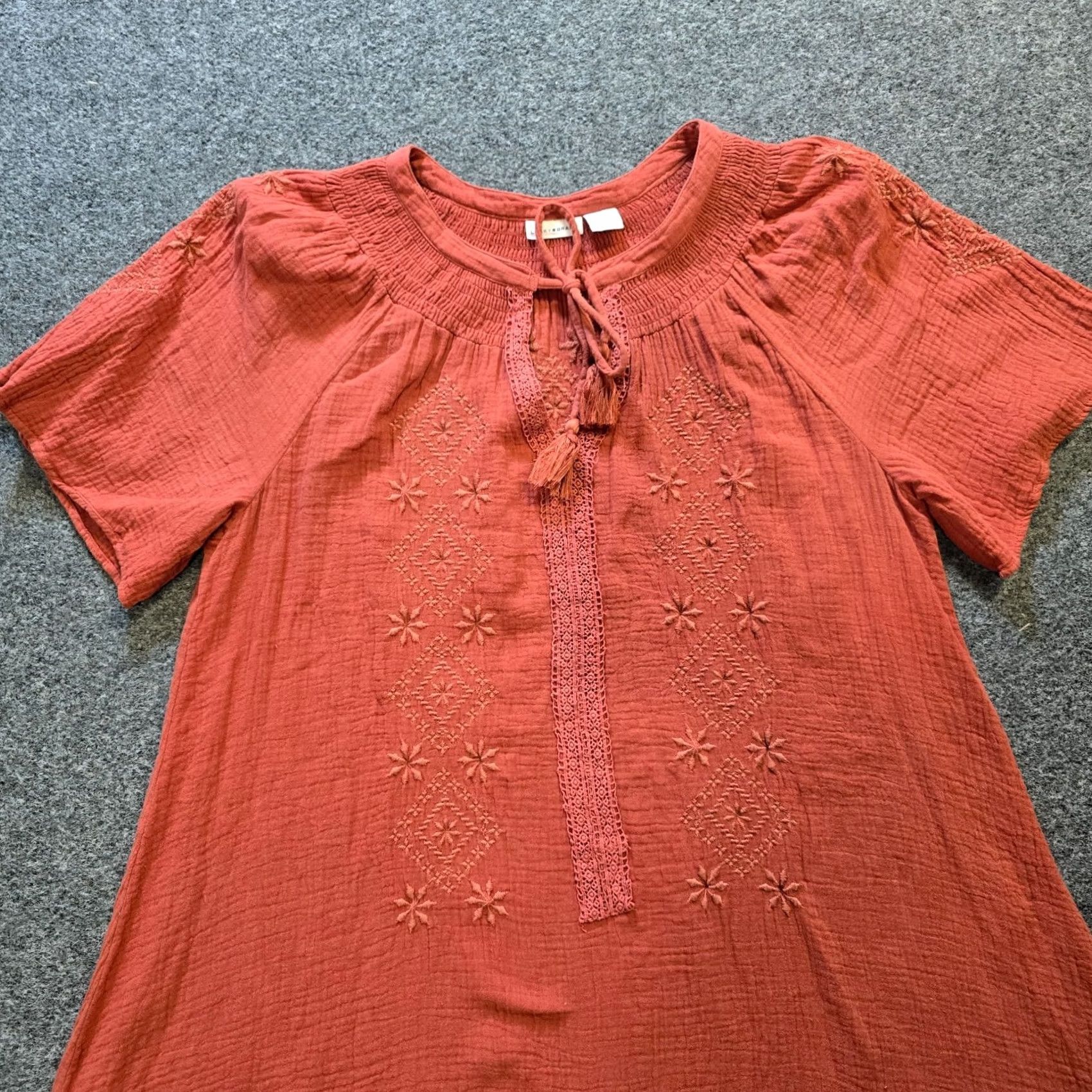 Lucky Brand Lucky Brand Dress Womens Size Large Orange Gauze Embroidered Peasant Boho Casual A-Line Short Dress Size L / US 10 / IT 46 - 2 Thumbnail
