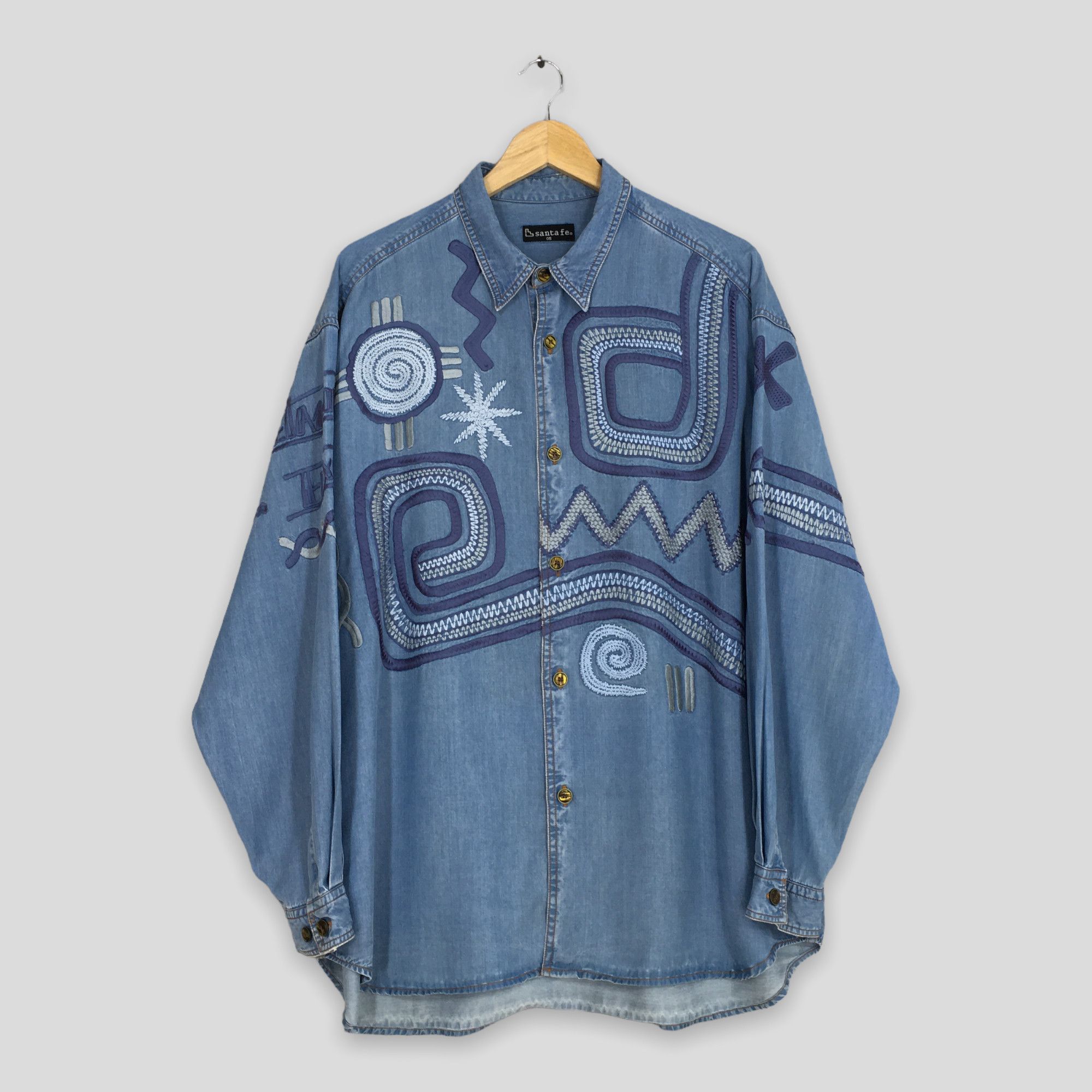 Santa Fe Blue Chambray Stitch Abstract Jeans Shirt Xlarge