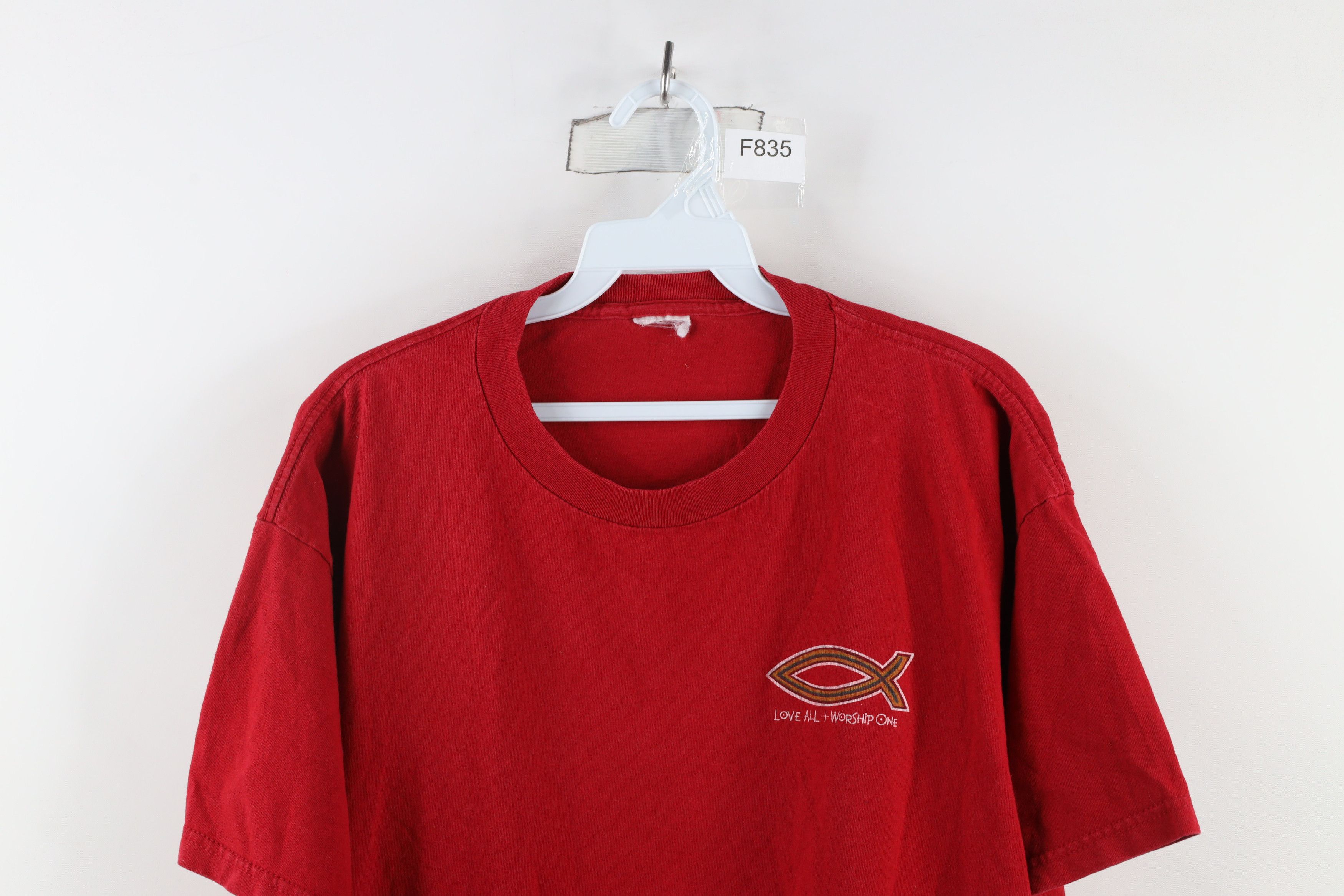 Vintage Vintage 90s Love All Worship One Jesus Fish T-Shirt Red Size US XL / EU 56 / 4 - 2 Thumbnail