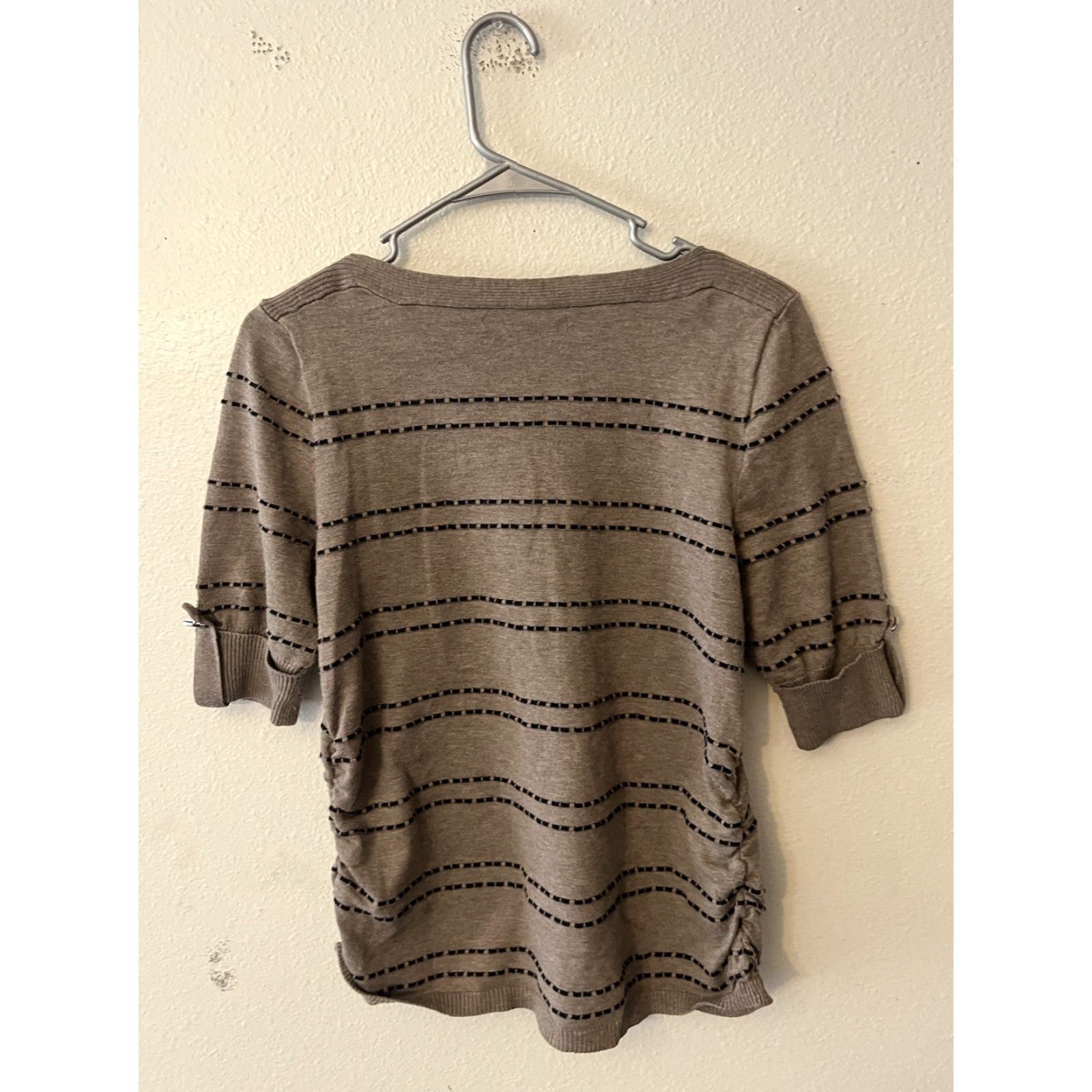 Apt. 9 Apt. 9 Brown Striped Short Sleeve Ruched at Sides Womens Petite Round Neck Sweater Size L / US 10 / IT 46 - 2 Thumbnail