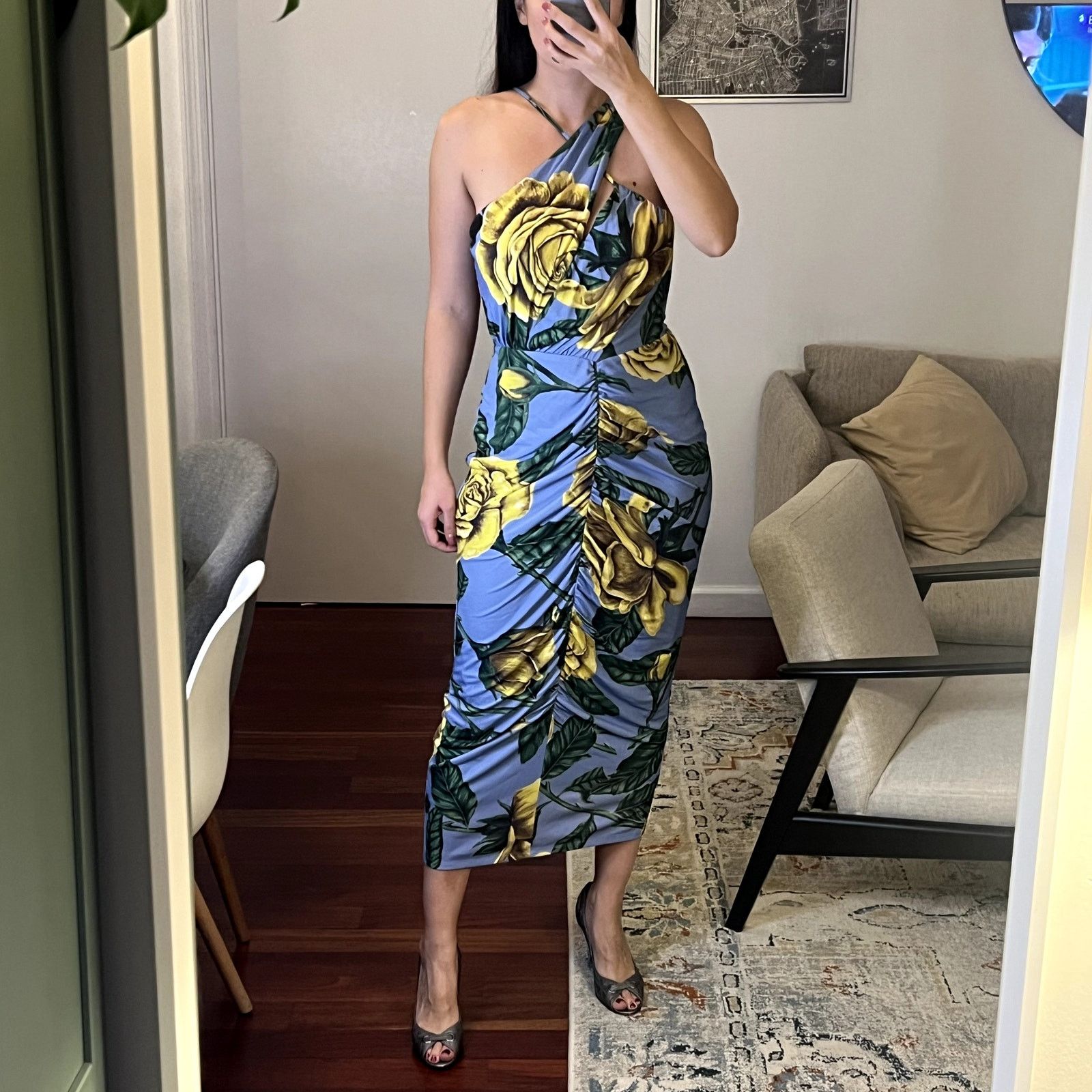 Marchesa Marchesa Notte Midi Floral Dress Size 6 blue yellow Size S / US 4 / IT 40 - 1 Thumbnail
