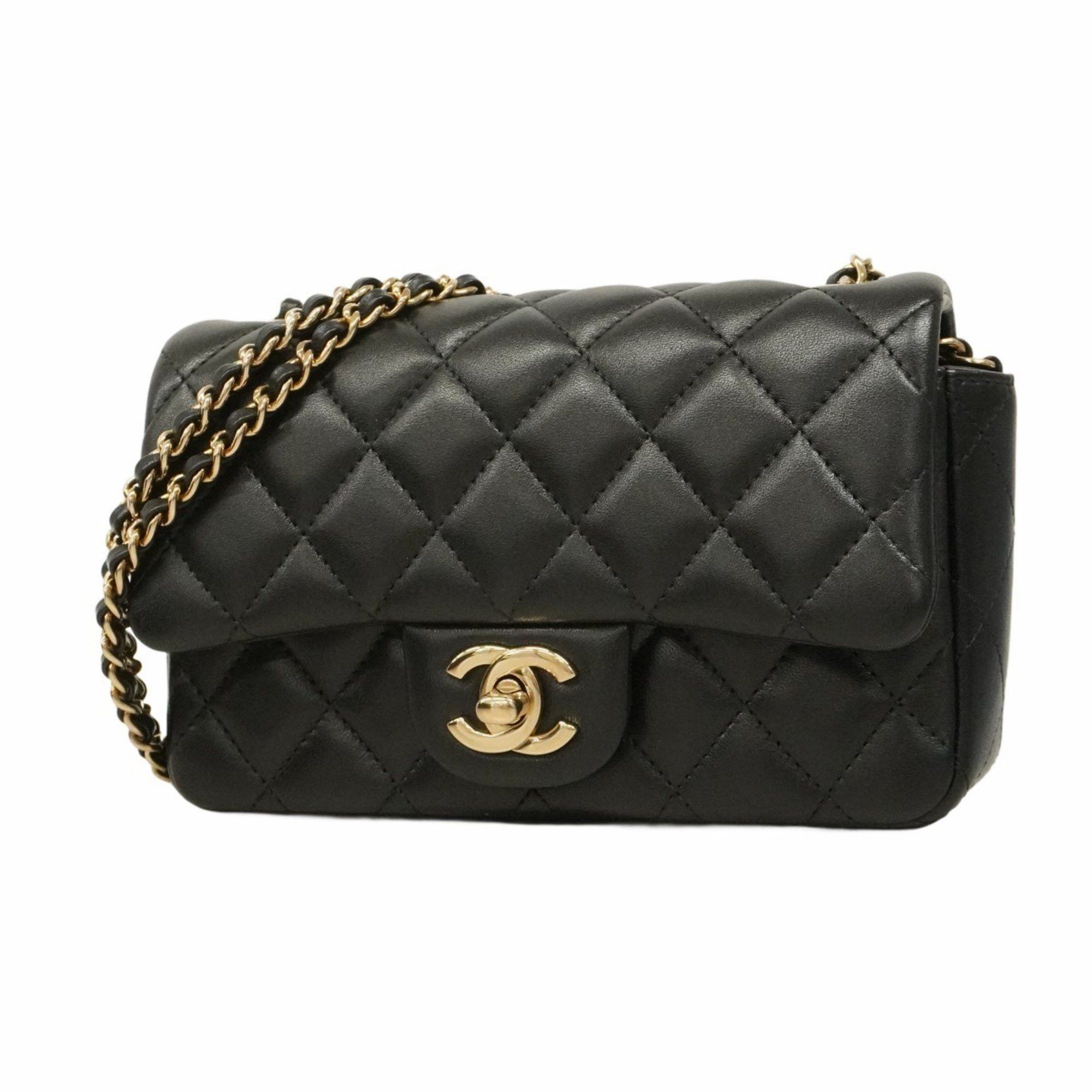 Chanel Shoulder Bag Mini Matelasse Chain Lambskin Black Champagne Ladies, Women's