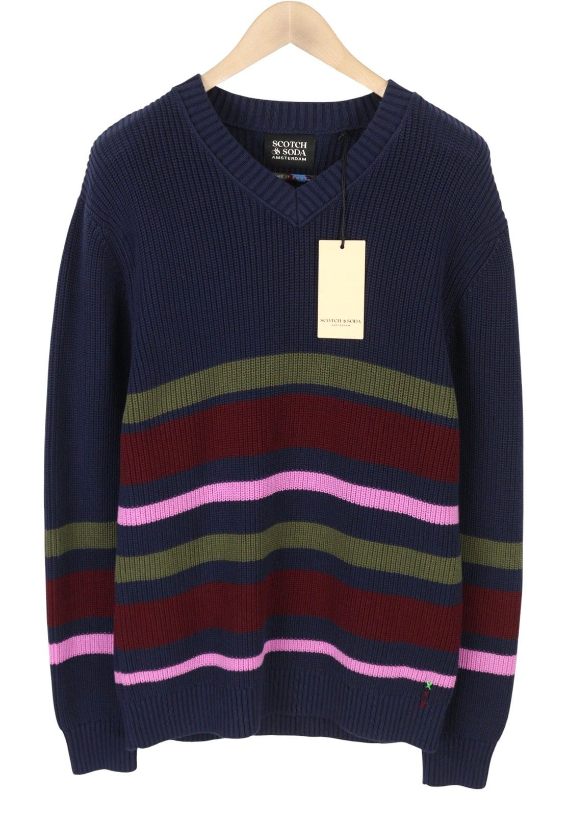 Scotch & Soda L Dark Blue Striped V-Neck Jumper 88565 Size US L / EU 52-54 / 3 - 1 Thumbnail