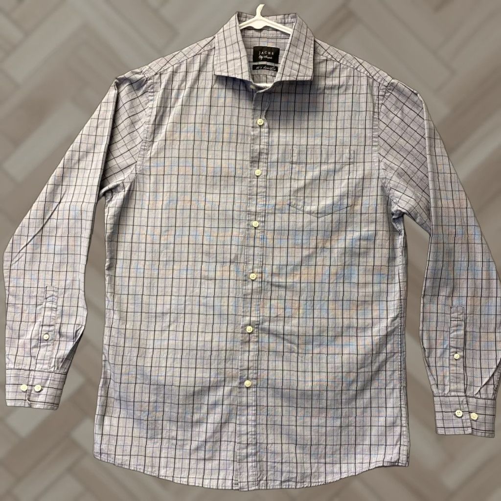 Vintage JACHS Dress Shirt Mens Large Gray Plaid Geometric Button Up Slim /80-88 Size 42R - 1 Thumbnail