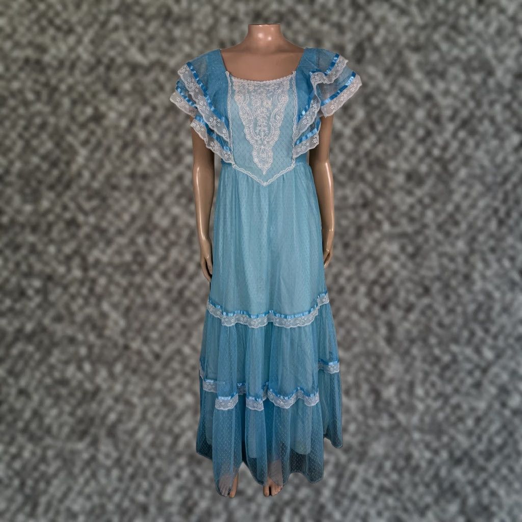 Vintage VINTAGE Dress Womens 2XS Blue 70s Prairie Women Formal Lace Ruffle Maxi Long Evening Size XXS / US 00 / IT 34 - 1 Thumbnail