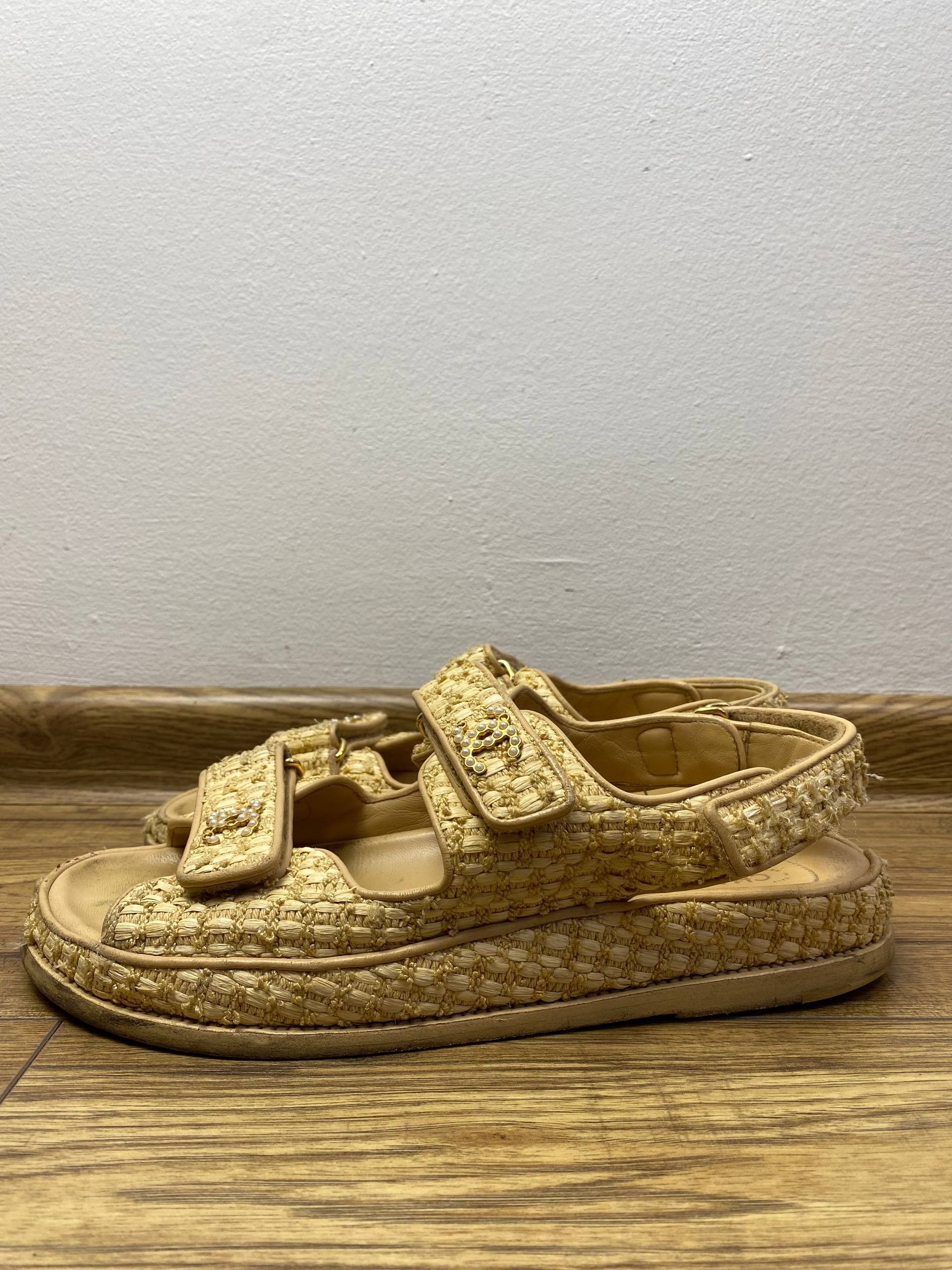 Chanel Chanel Raffia Dad Sandals with Pearl CC Logo – Beige/Gold Size US 9.5 / IT 39.5 - 4 Thumbnail