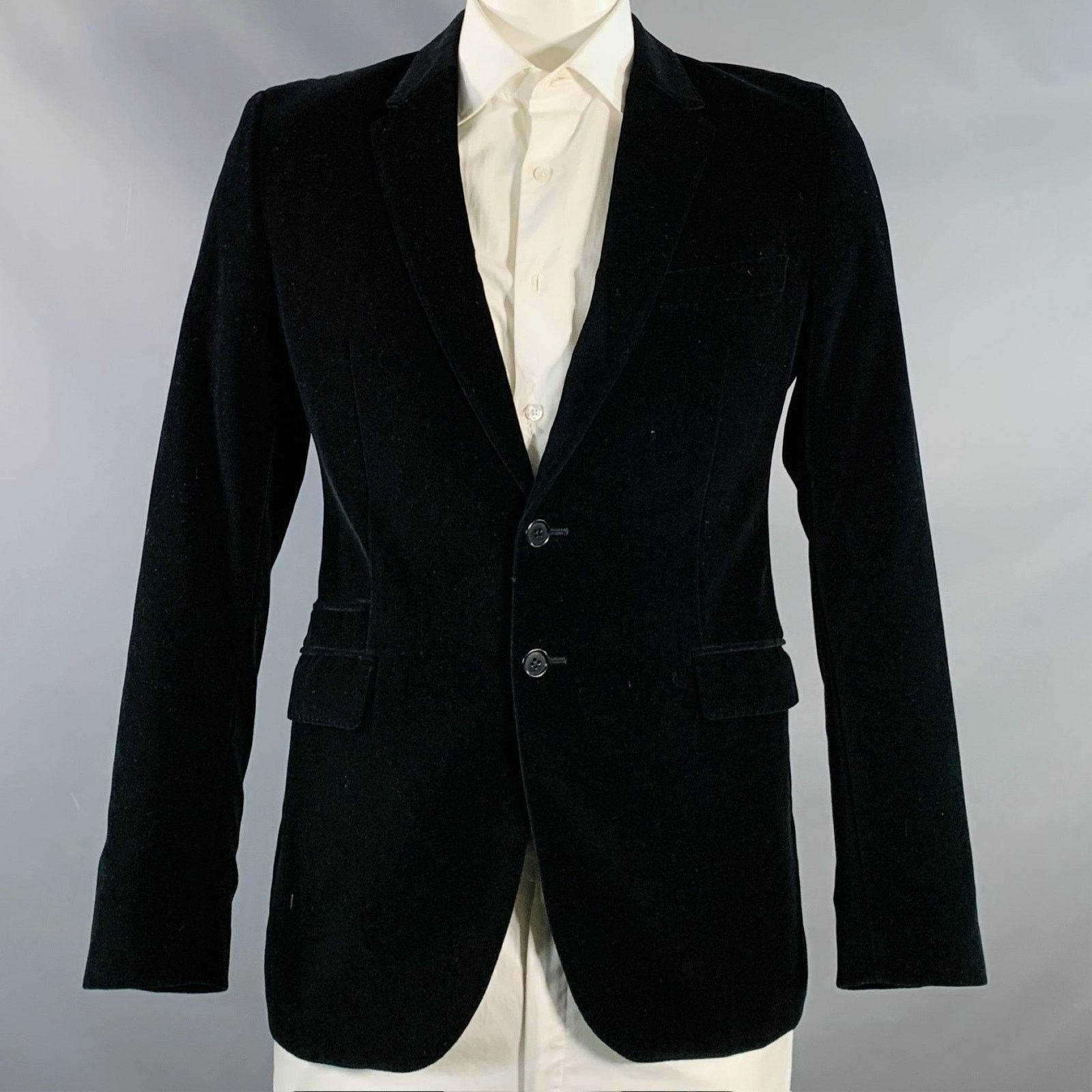 Size L Black Velvet Cotton Slim Fit Notch Lapel Sport Coat