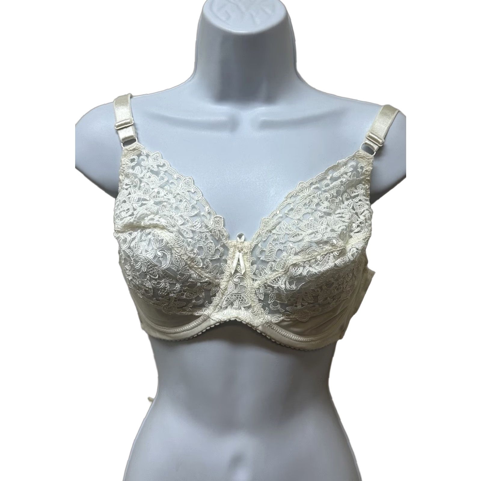 VINTAGE Wacoal Beige Sheer Lace Nylon Bullet Bra Size 34DD NEW NOS