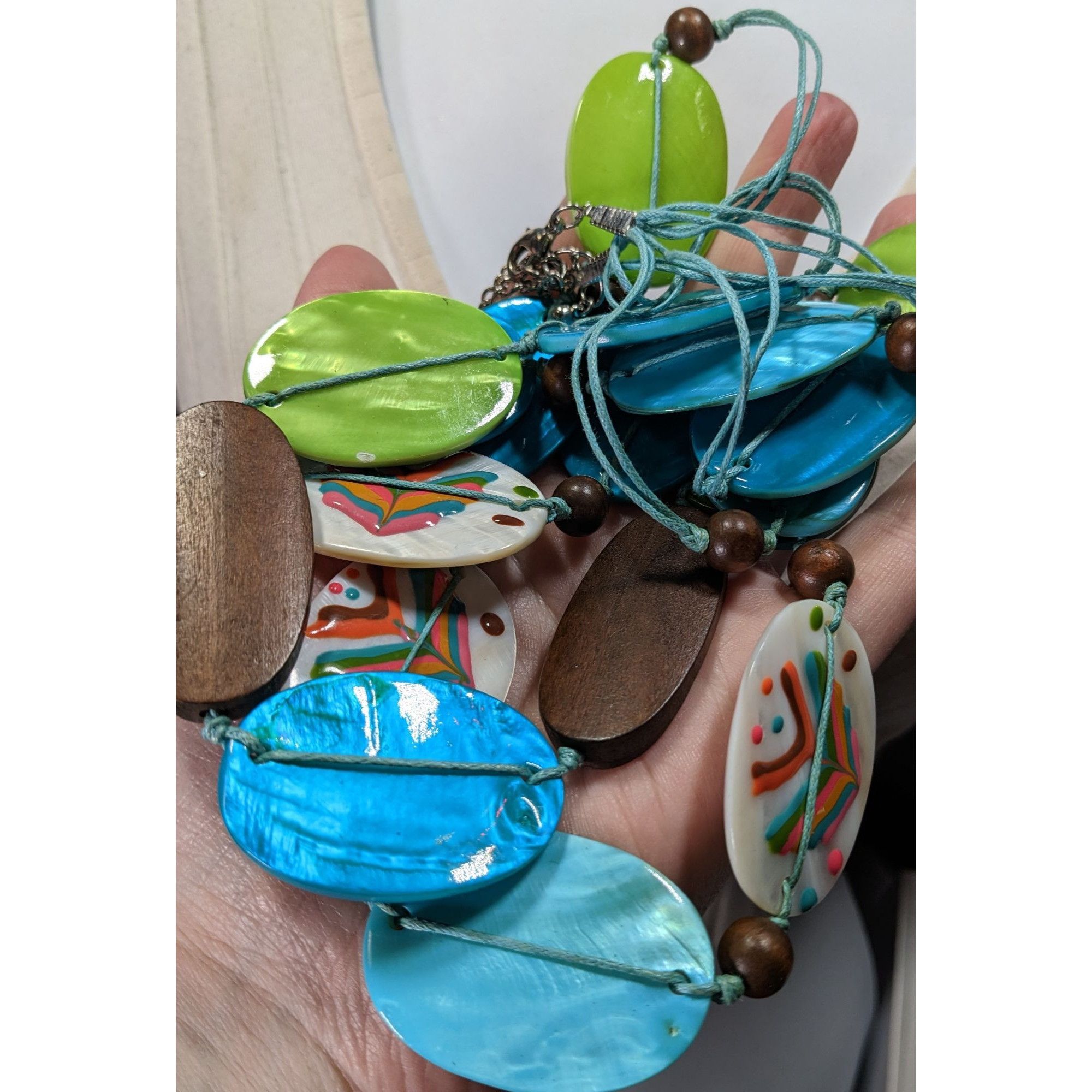 Other Vintage Boho Necklace W/ Blue Green & Hand-Painted Shell Bea Size ONE SIZE - 5 Thumbnail