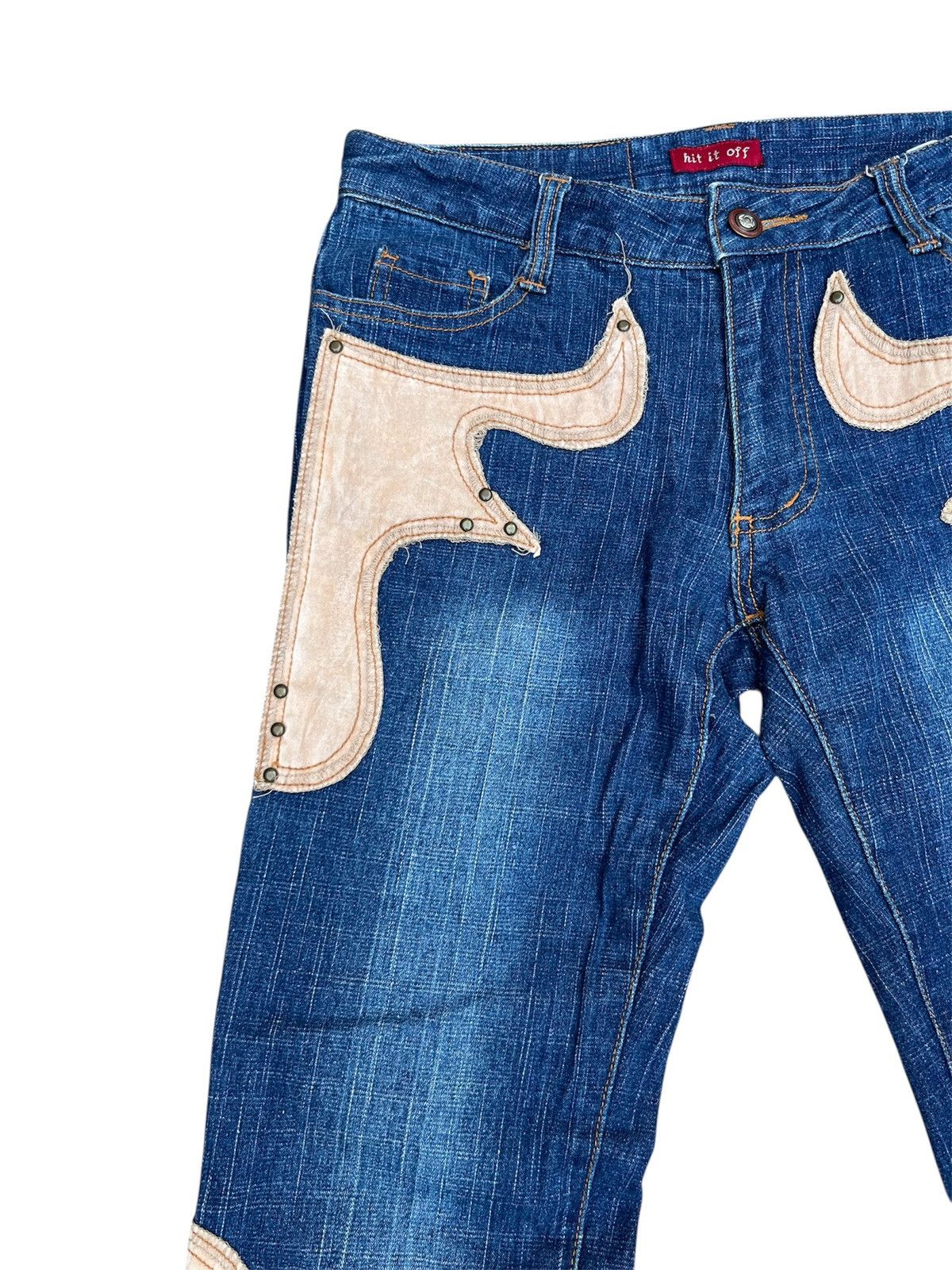 Japanese Brand 💥 LEATHER PATCHWORK FLARED 💥 HIT IT OFF Jeans Size US 27 - 4 Thumbnail