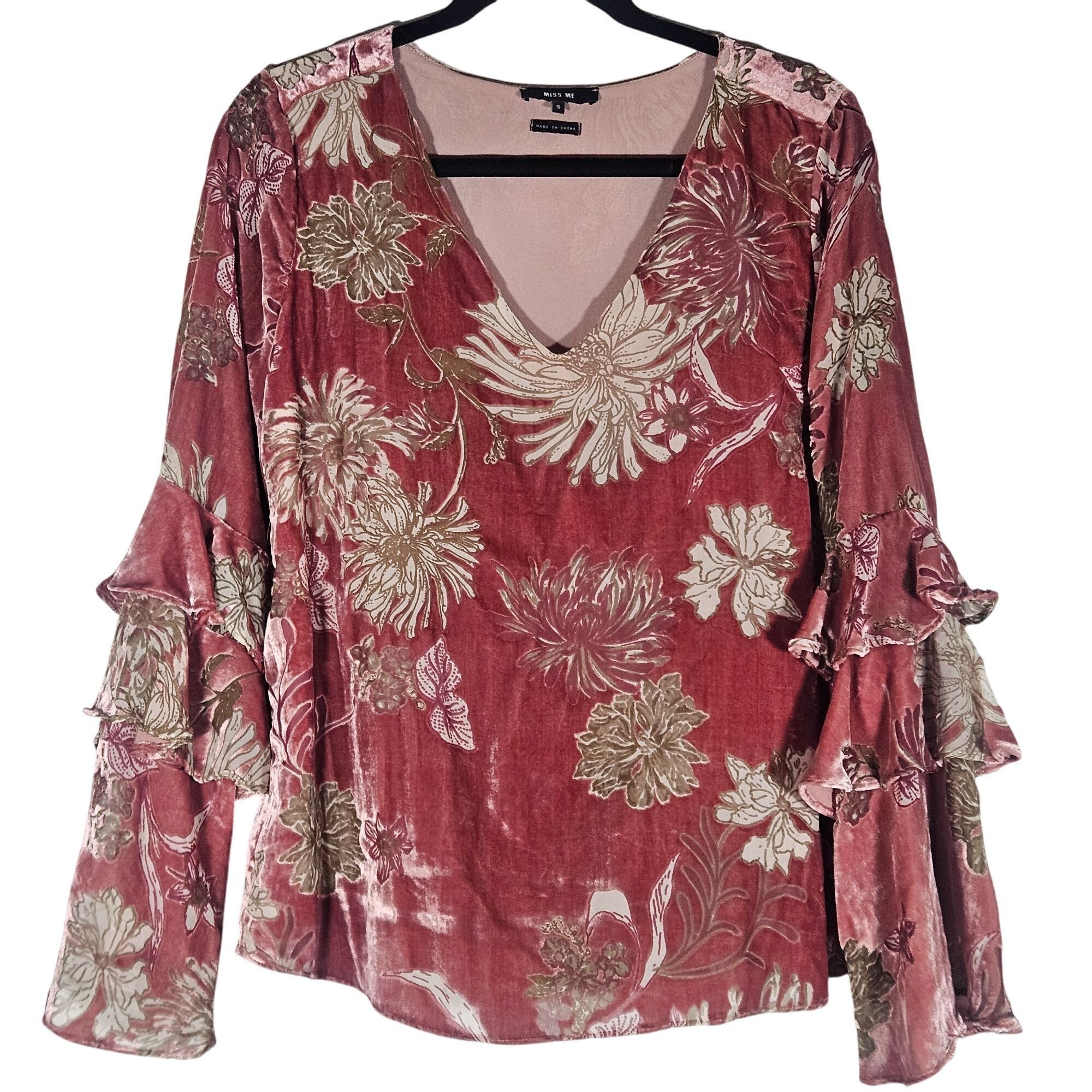 Miss Me Miss Me Womens Floral Velvet Ruffle Sleeve Top S Cottagecore Size S / US 4 / IT 40 - 3 Thumbnail