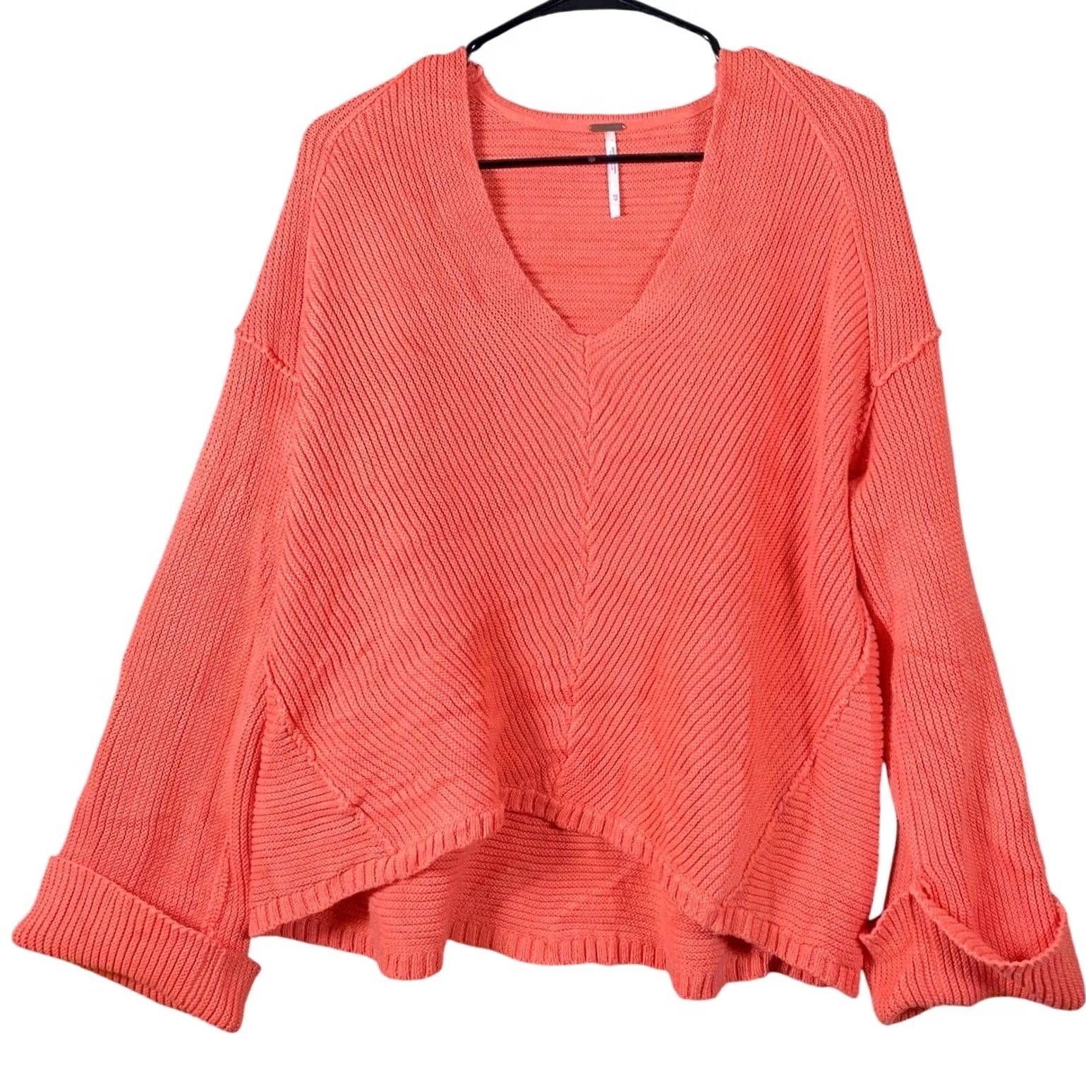 Free People Free People Womens Sweater Orange Coral La Brea V Neck Oversized Chunky Knit XS Size XS / US 0-2 / IT 36-38 - 2 Thumbnail