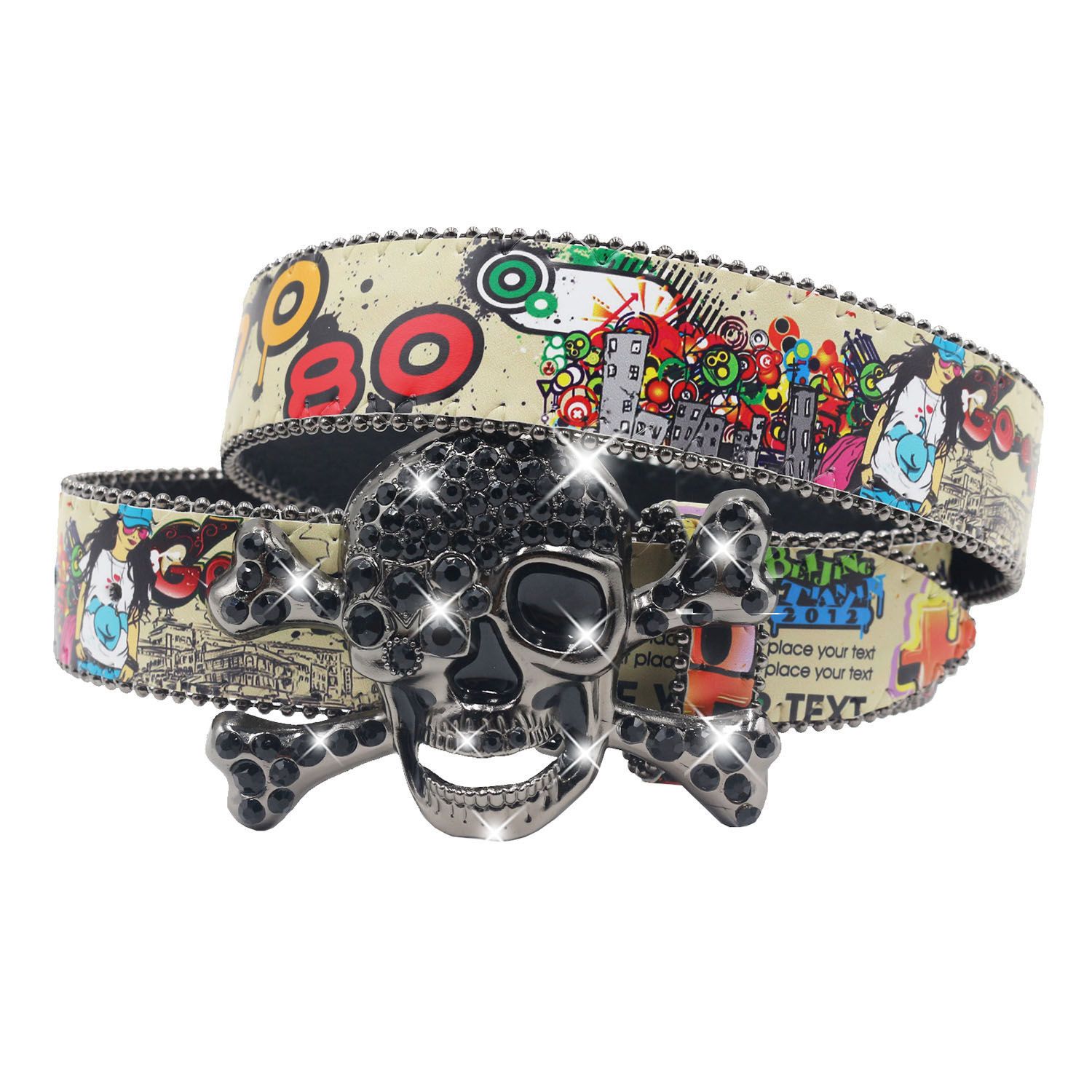 Designer Skull Design Vintage Belt Riveted Belts Menswear Accessories Size ONE SIZE - 2 Thumbnail