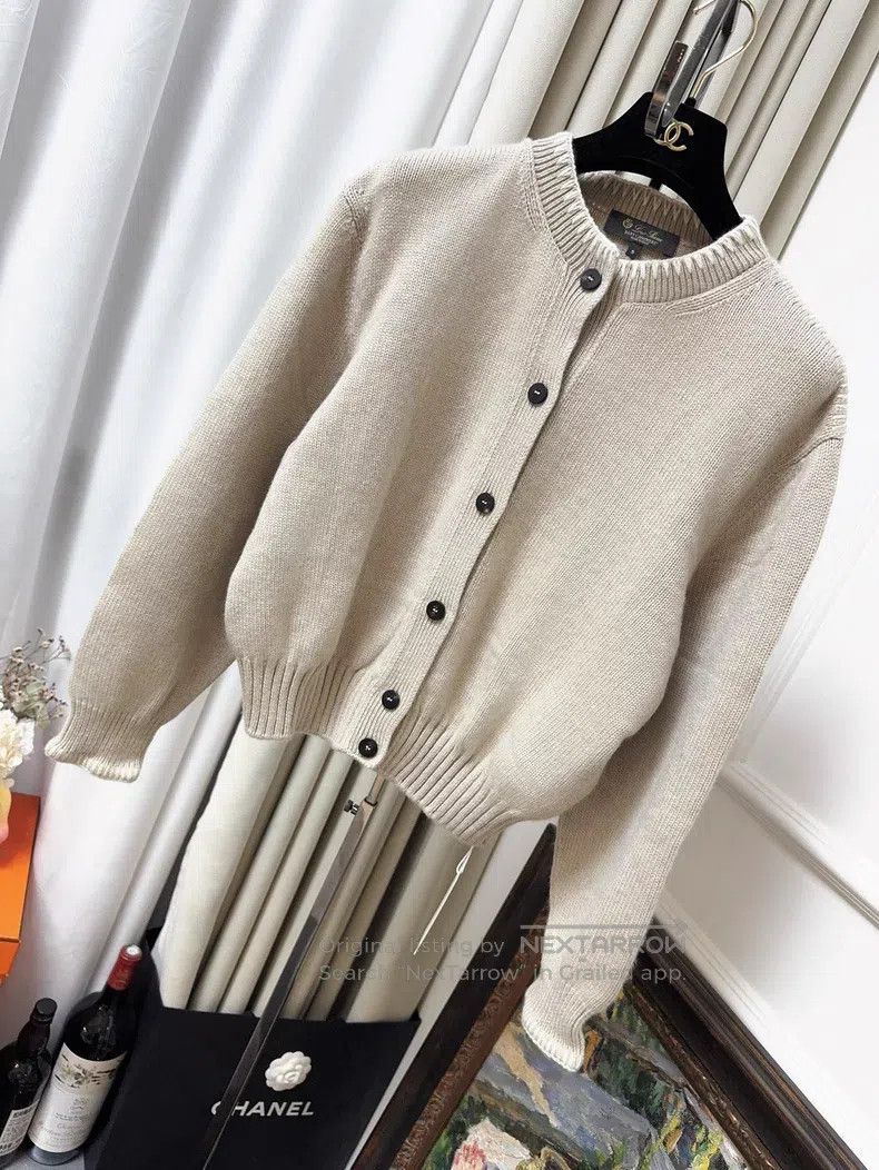 Loro Piana Oatmeal Embroidered Long Sleeve Knit Cardigan