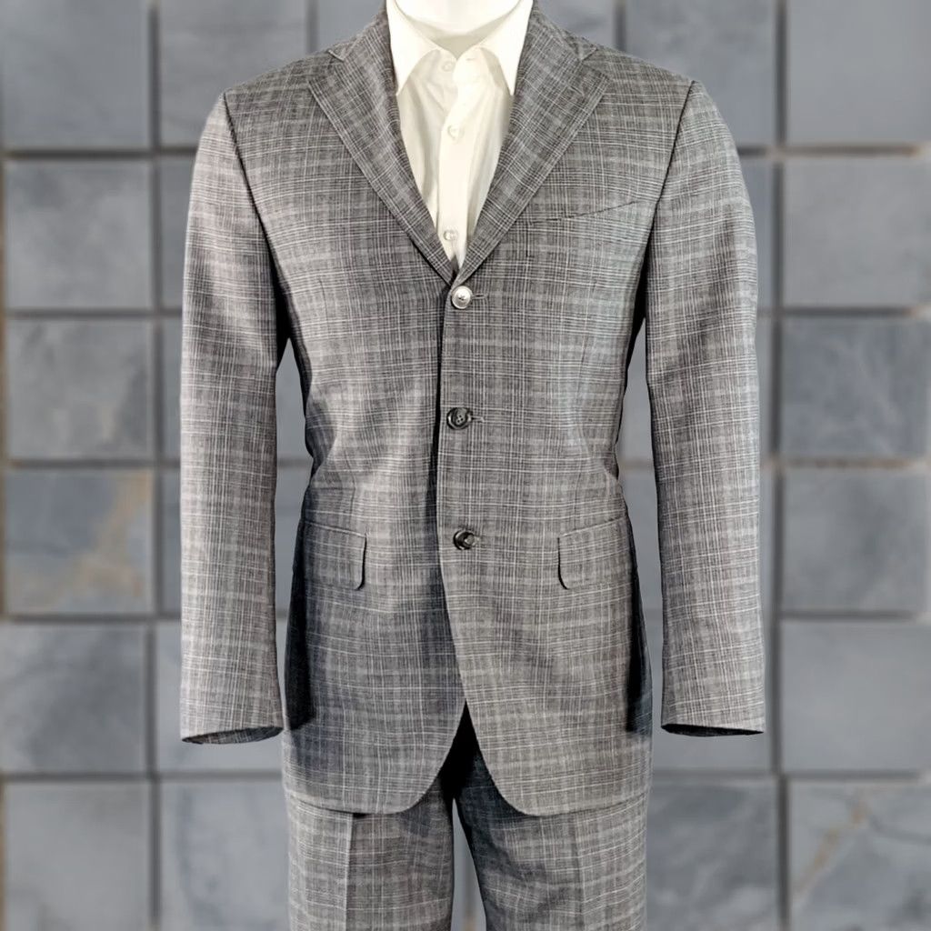 Vintage EIDOS Size 38 Regular Grey Charcoal Plaid Wool Notch Lapel Suit Mens Size 38R - 1 Thumbnail