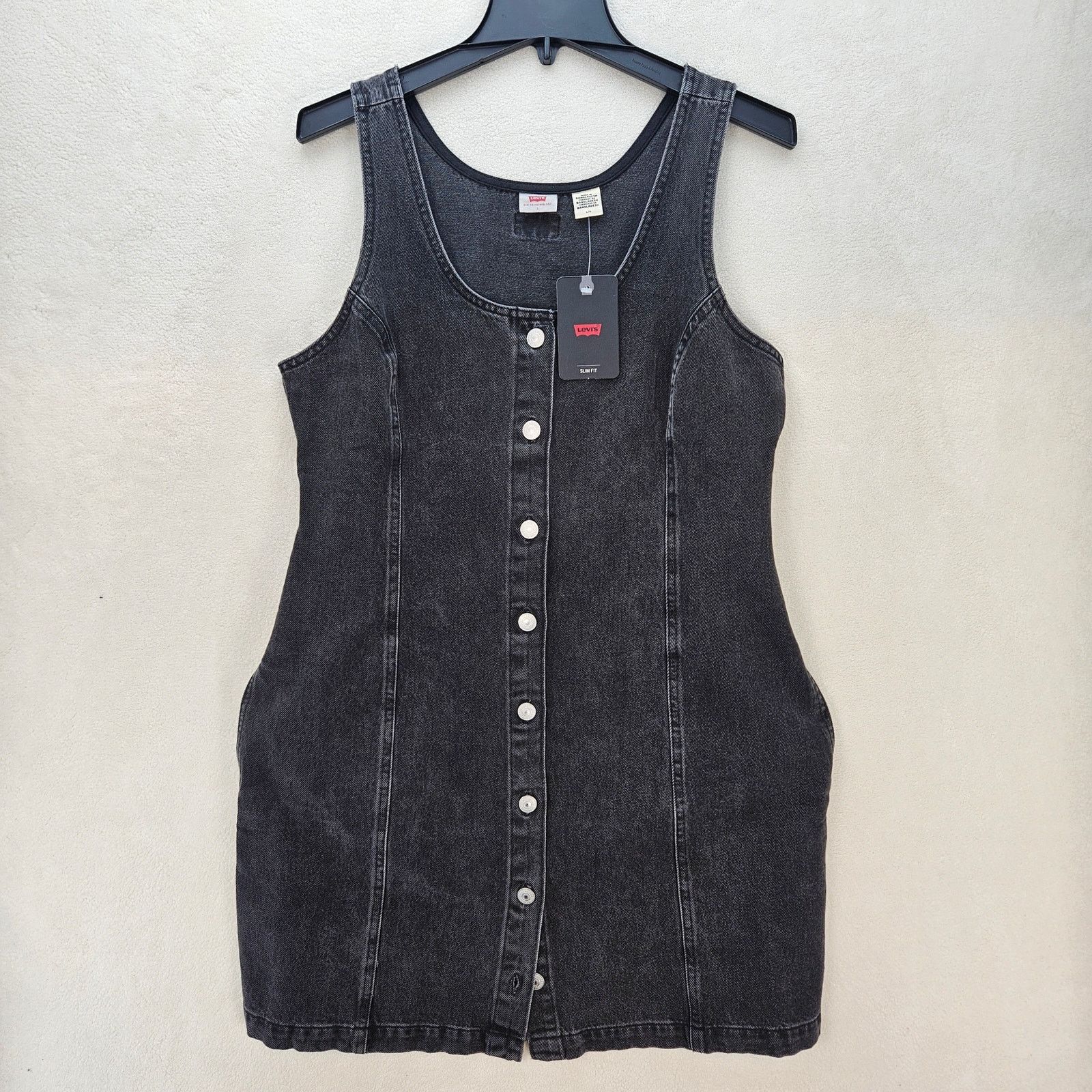 Levi's LEVI'S WOMEN'S LARGE TULI DENIM MINI DRESS BLACK WASH NWT Size L / US 10 / IT 46 - 1 Thumbnail