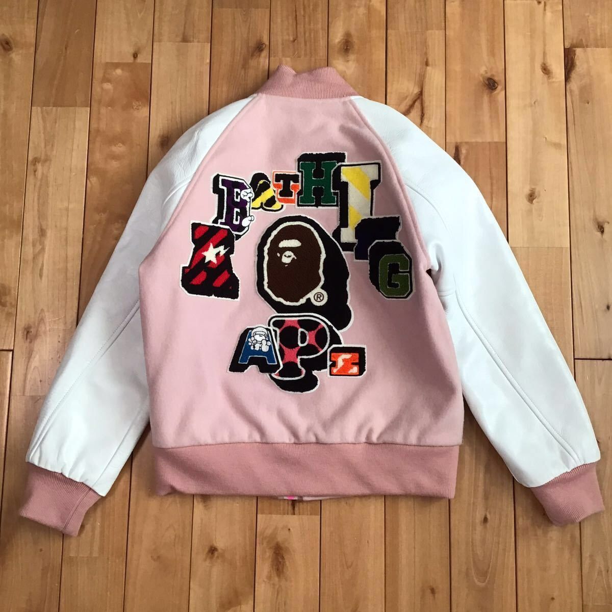 image of Nfs Exclusive Sleeve Leather Varsity Jacket Bape Ape Nigo in Pink/White, Women's (Size Small)