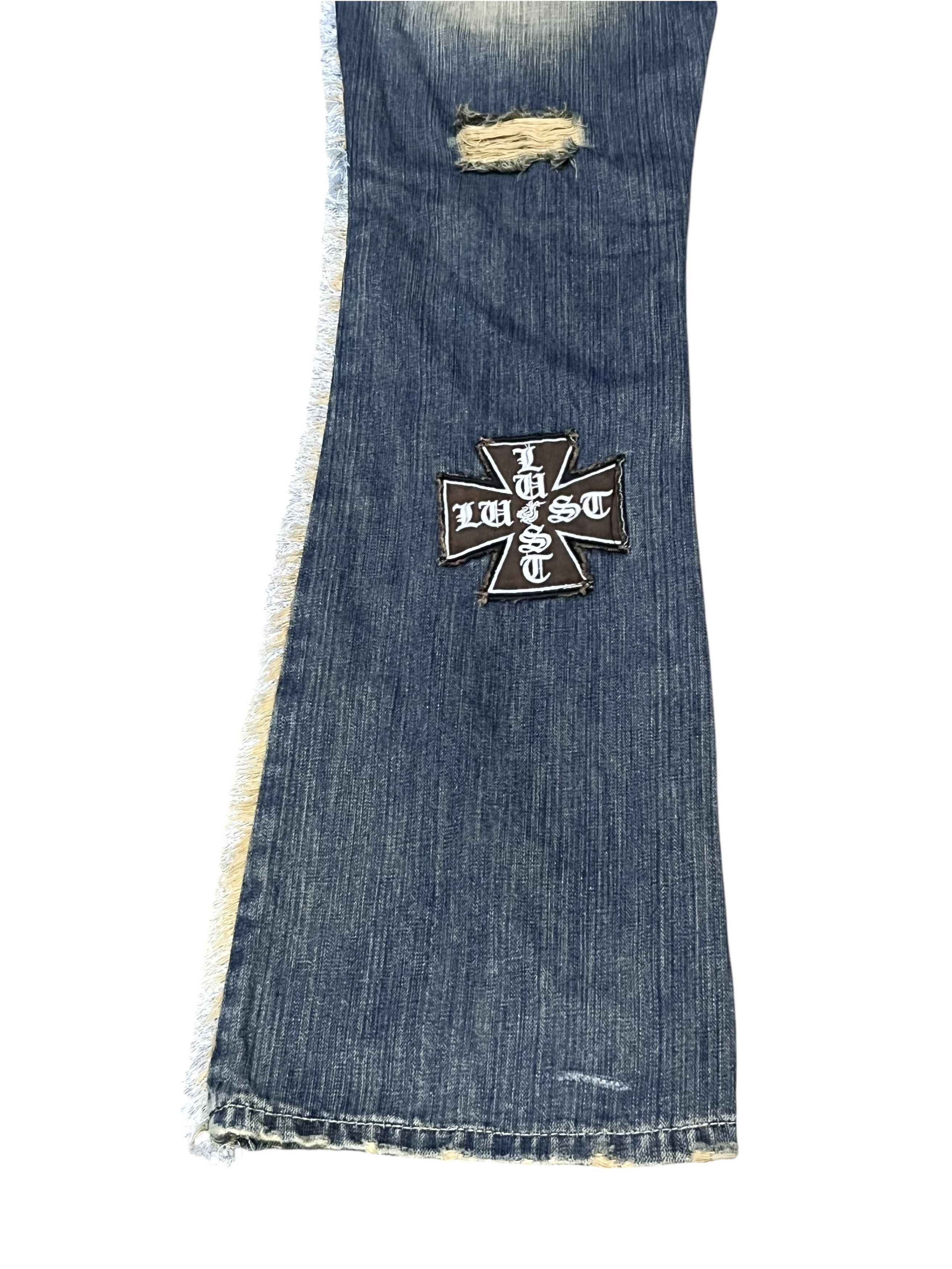Japanese Brand LUSC Distressed Flare Jeans Patchwork, Ripped, Raw Hem Rare Size 28" / US 6 / IT 42 - 17 Thumbnail