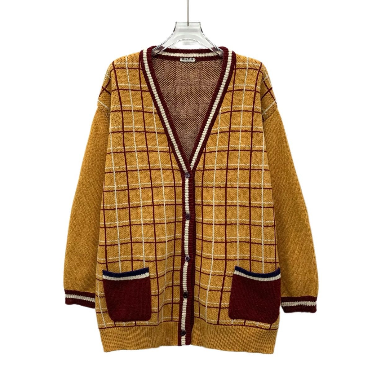 Miu Miu Brown Plaid Wool V-Neck Single-Breasted Cardigan