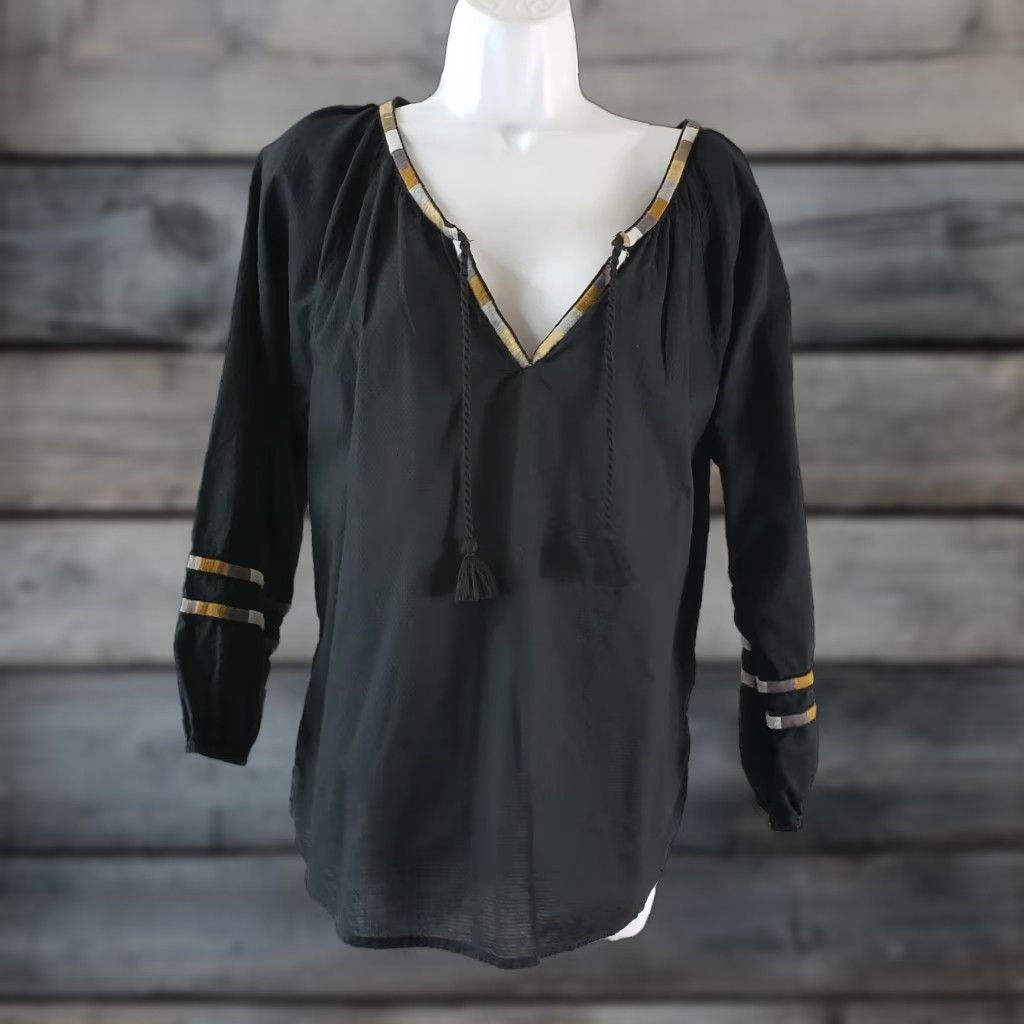 Prana prAna Womens Atlantis top Blouse 3/4 Sleeve V-Neck Cotton Embroidered Tassels Black M Womens Size M / US 6-8 / IT 42-44 - 1 Thumbnail