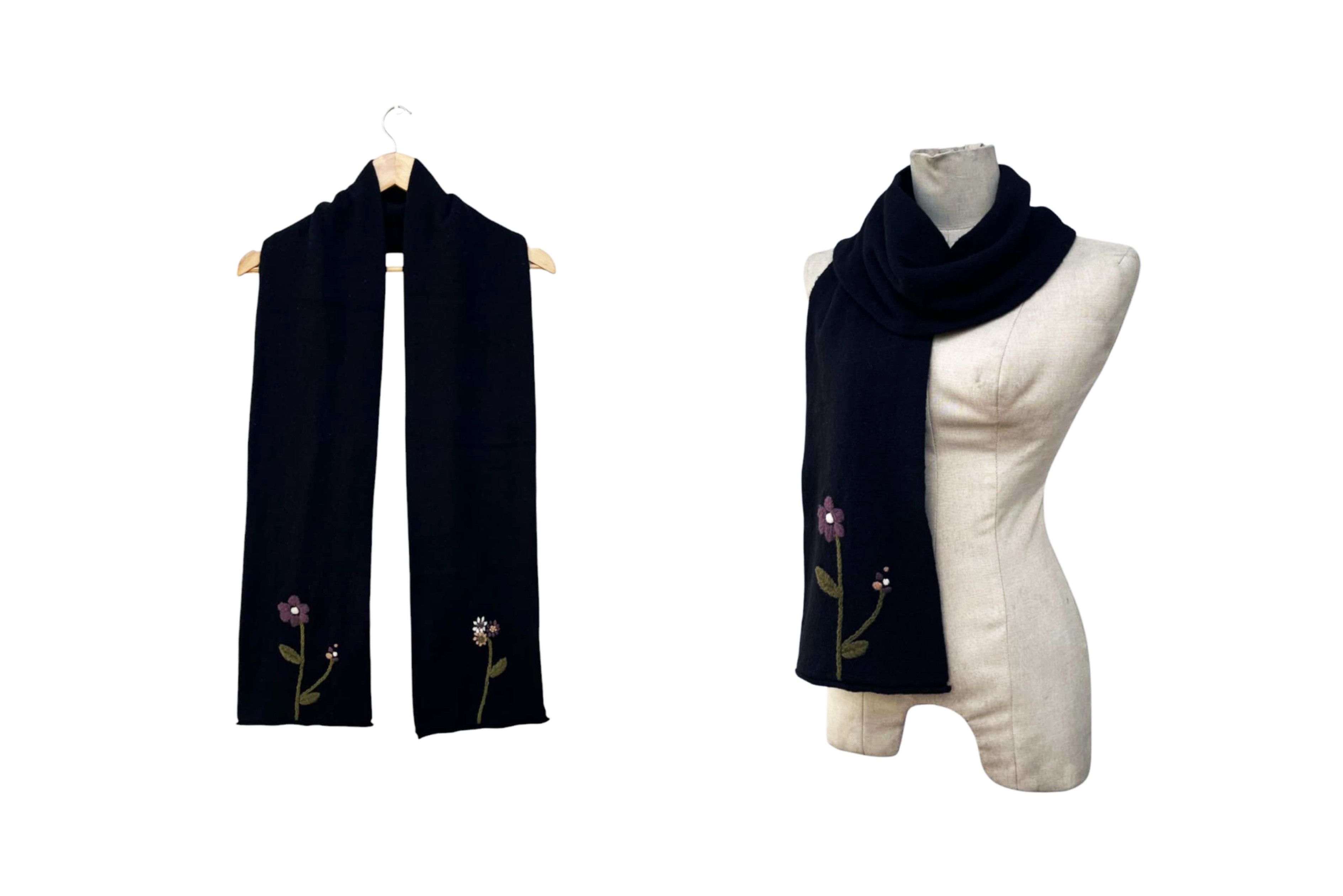 Vintage "Jocomomola" wool long scarf with florals hand embroidery Size ONE SIZE - 7 Thumbnail