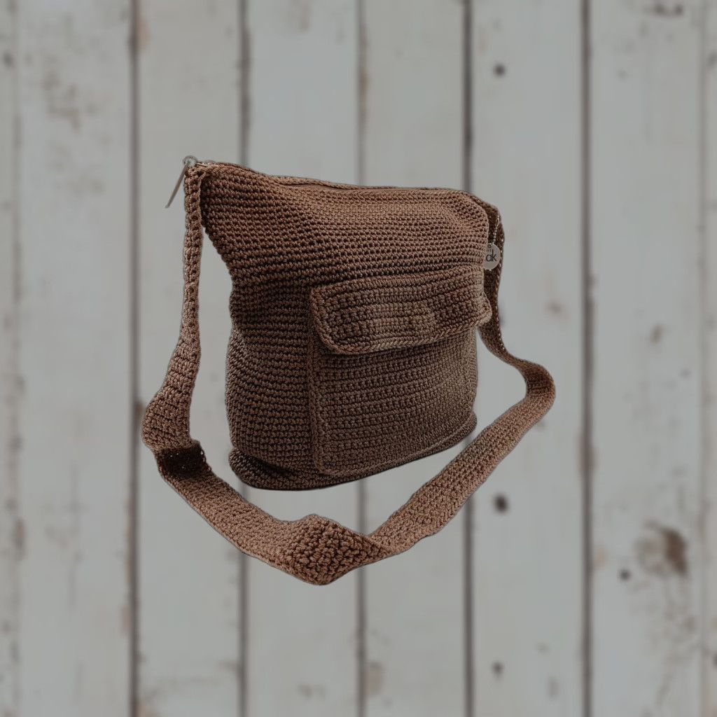 The Sak The Sak Crochet Crossbody Bag Dark Beige Top Zipper Exterior Pocket Charm Size L / US 10 / IT 46 - 1 Thumbnail