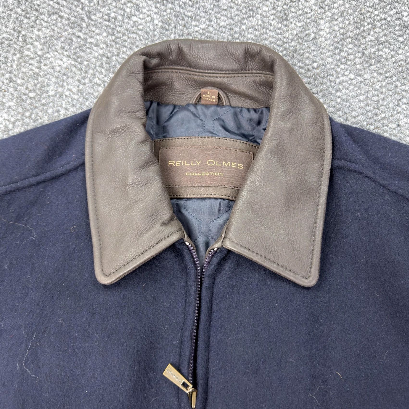 Vintage VINTAGE Reilly Olmes Jacket Mens L Wool Leather Bomber Zip Navy Brown Size US L / EU 52-54 / 3 - 2 Thumbnail