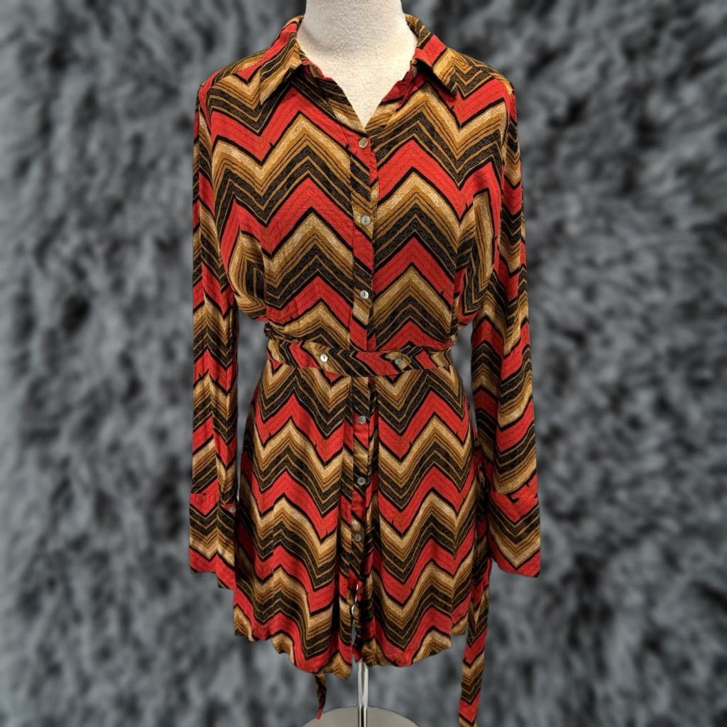 Free People Free People Chevron Shirt Dress Women L Button Front Tie Waist Boho Festival Multicolor Long Sleeve Collared Viscose Blend Short Dress Size L / US 10 / IT 46 - 1 Thumbnail