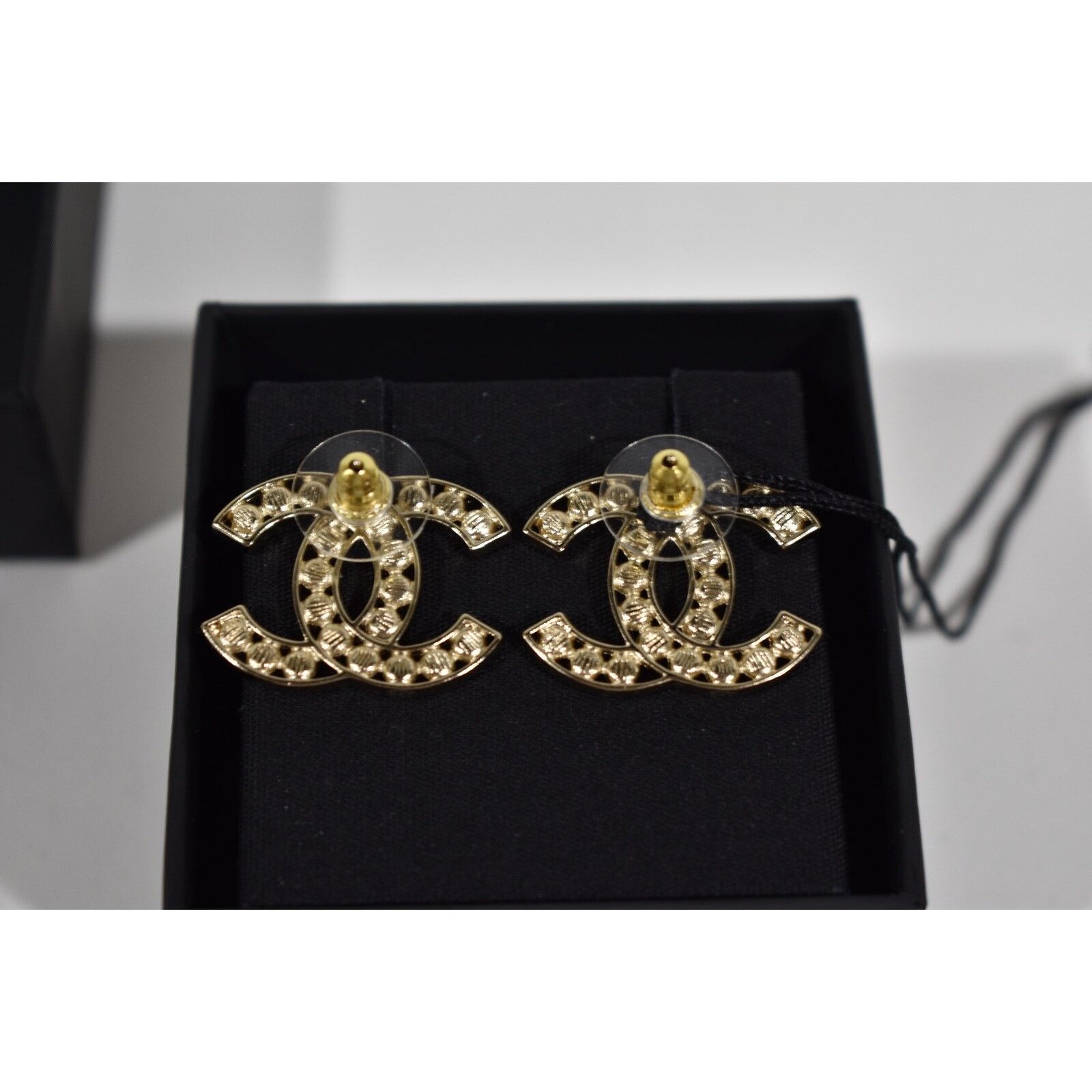 Chanel Chanel Gold Black Interlocking Drop Statement Stud Earrings Size ONE SIZE - 10 Thumbnail