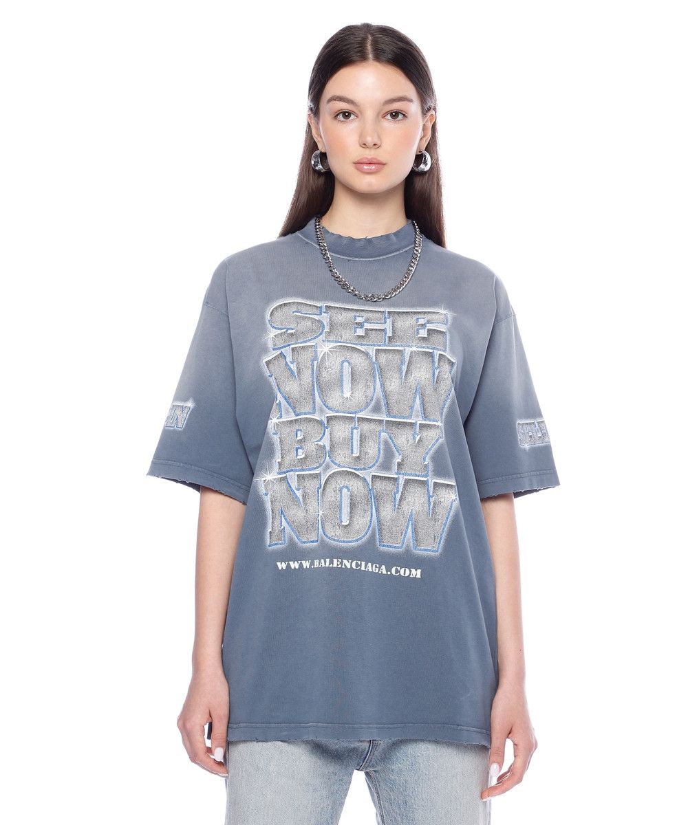 Balenciaga Washed Blue Distressed SNBN Logo Oversized T-Shirt Size L / US 10 / IT 46 - 1 Thumbnail