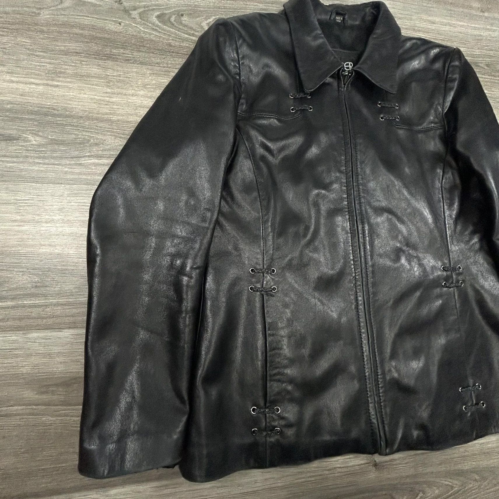 Kasper VINTAGE Kasper Leather Jacket Womens Large Black Lace Up Detail Moto Satin Lined Size L / US 10 / IT 46 - 2 Thumbnail