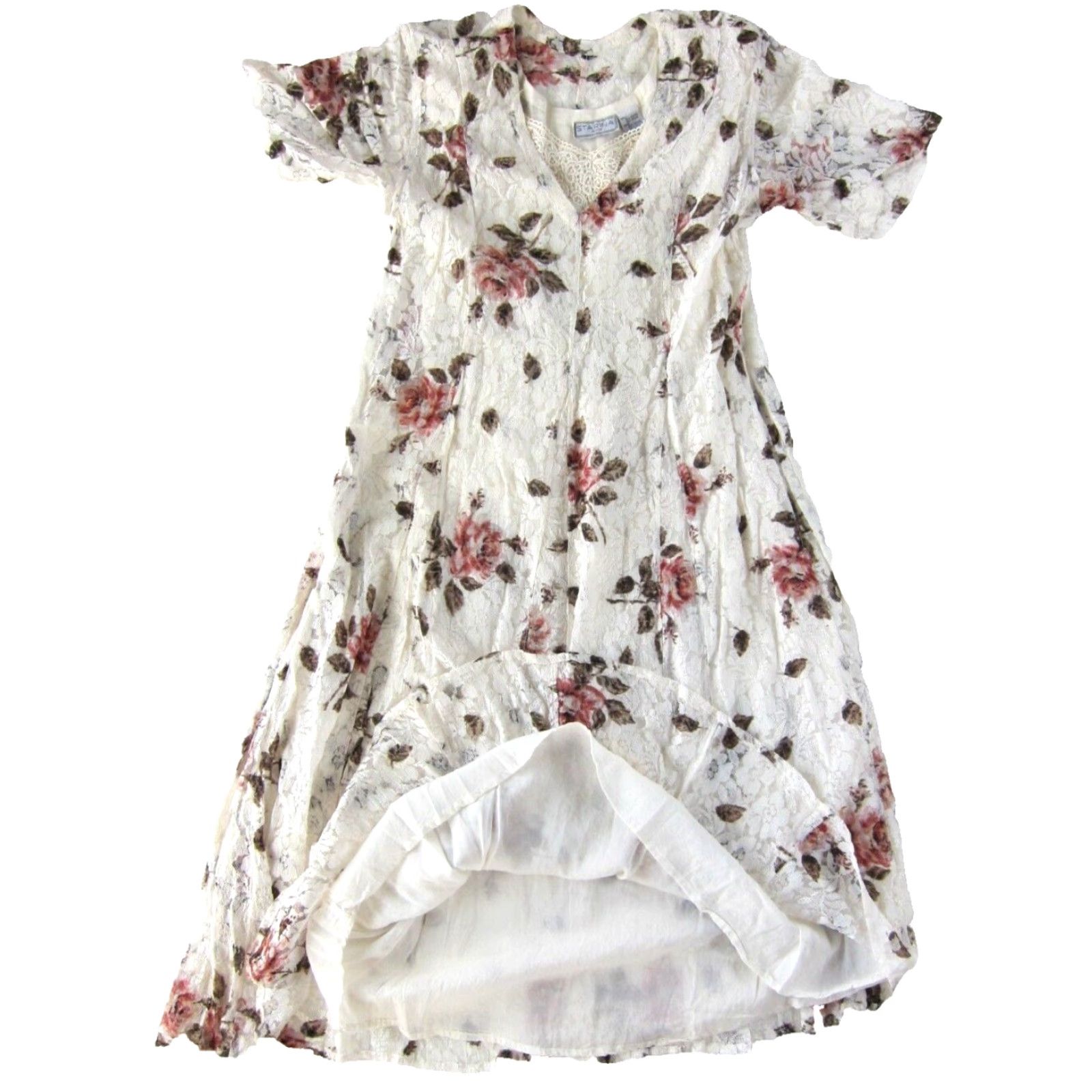 Vintage VINTAGE Starina Petite Rayon Lace Ivory Pink Rose Short Sleeve Midi Dress SP Adults? Size 28" / US 6 / IT 42 - 6 Thumbnail