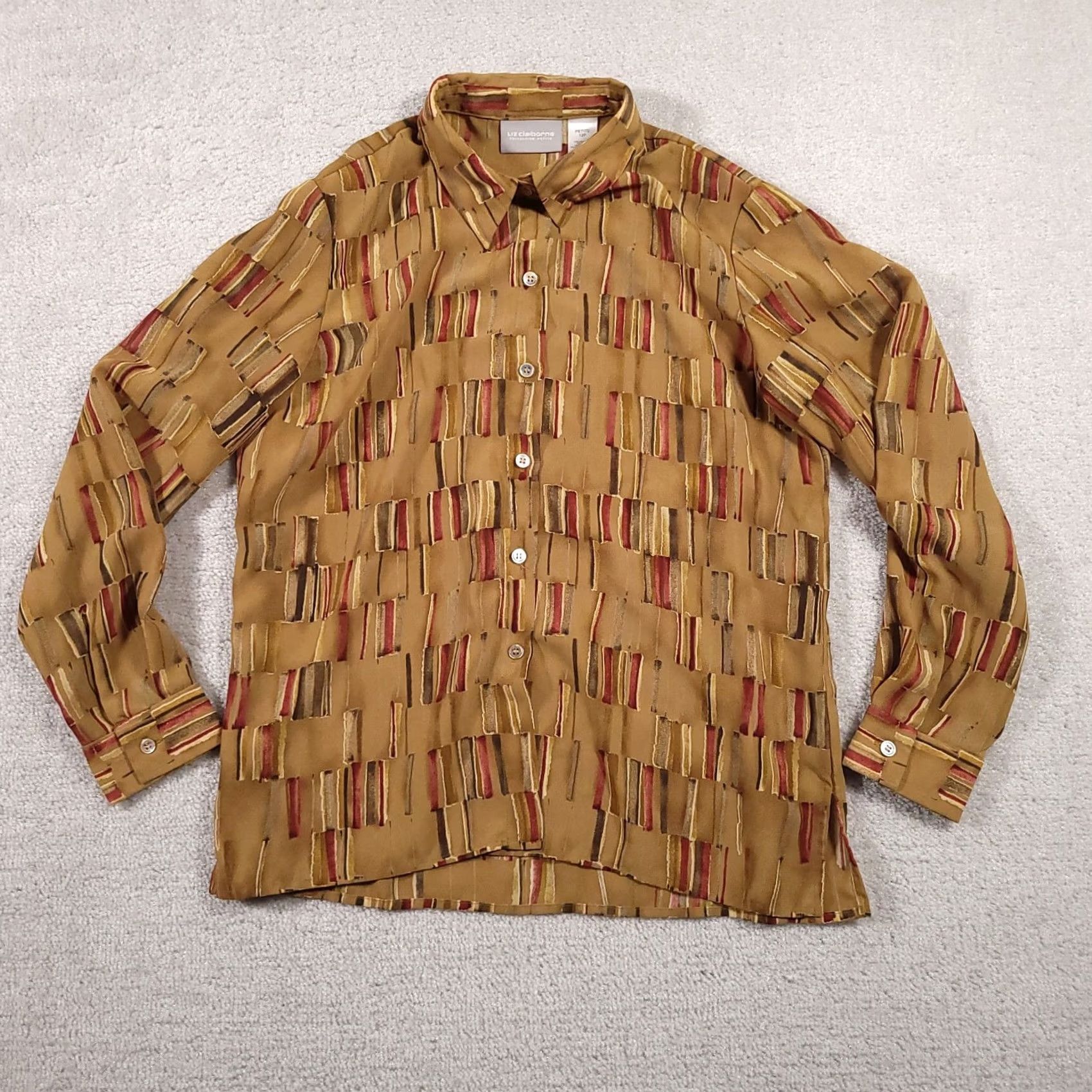 Liz Claiborne VINTAGE Liz Claiborne Button Up Shirt Women's 12P Petite Brown Geometric All Over Print Size XL / US 12-14 / IT 48-50 - 2 Thumbnail