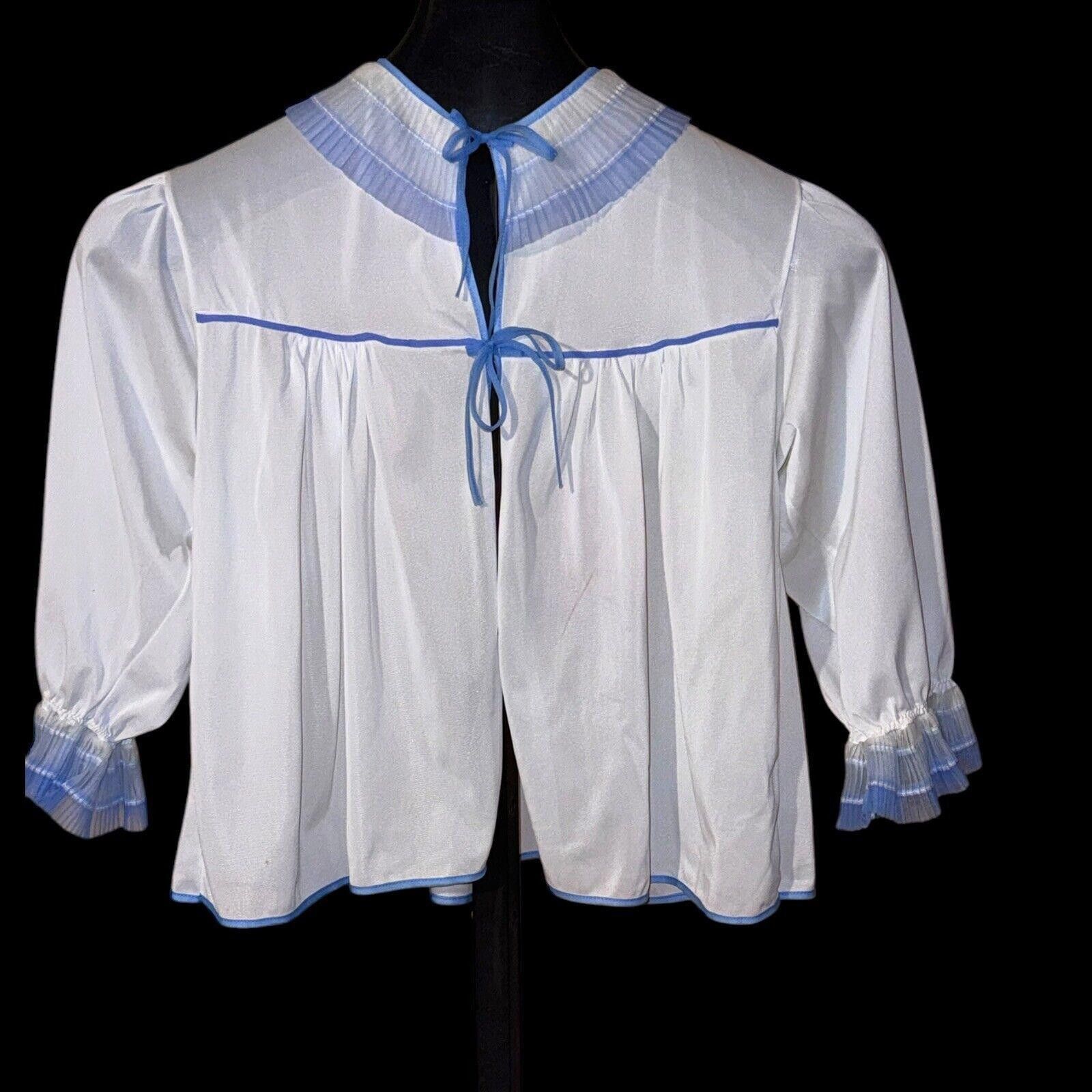 Designer Vintage Blue Pleated Chiffon Trim Nylon Bed Jacket Sz M Size ONE SIZE - 3 Thumbnail