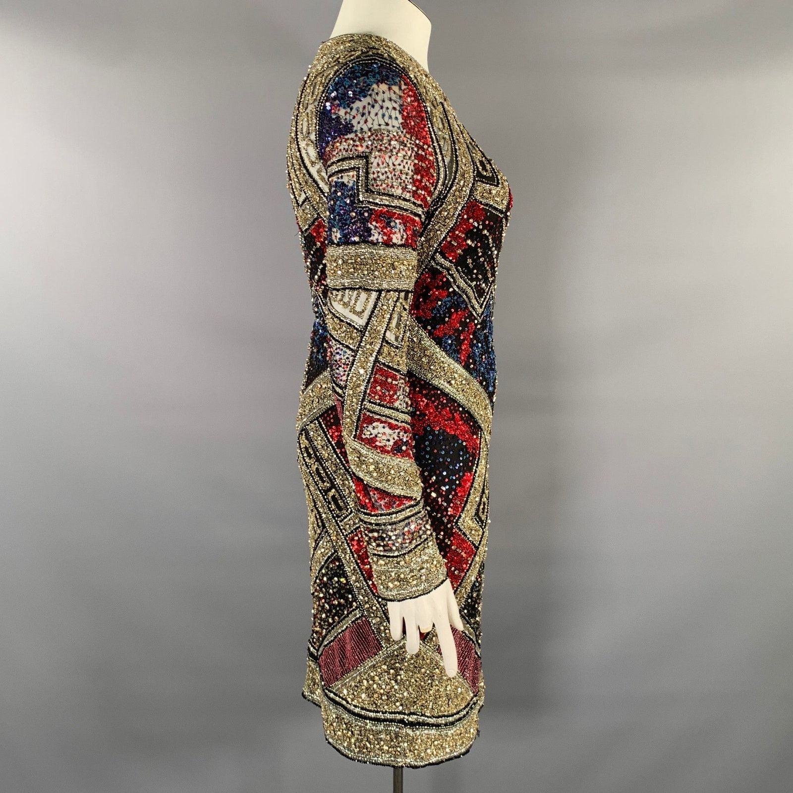 Naeem Khan Size 8 Silver Red & Blue Sequined Midi Cocktail Dress Size M / US 6-8 / IT 42-44 - 4 Thumbnail