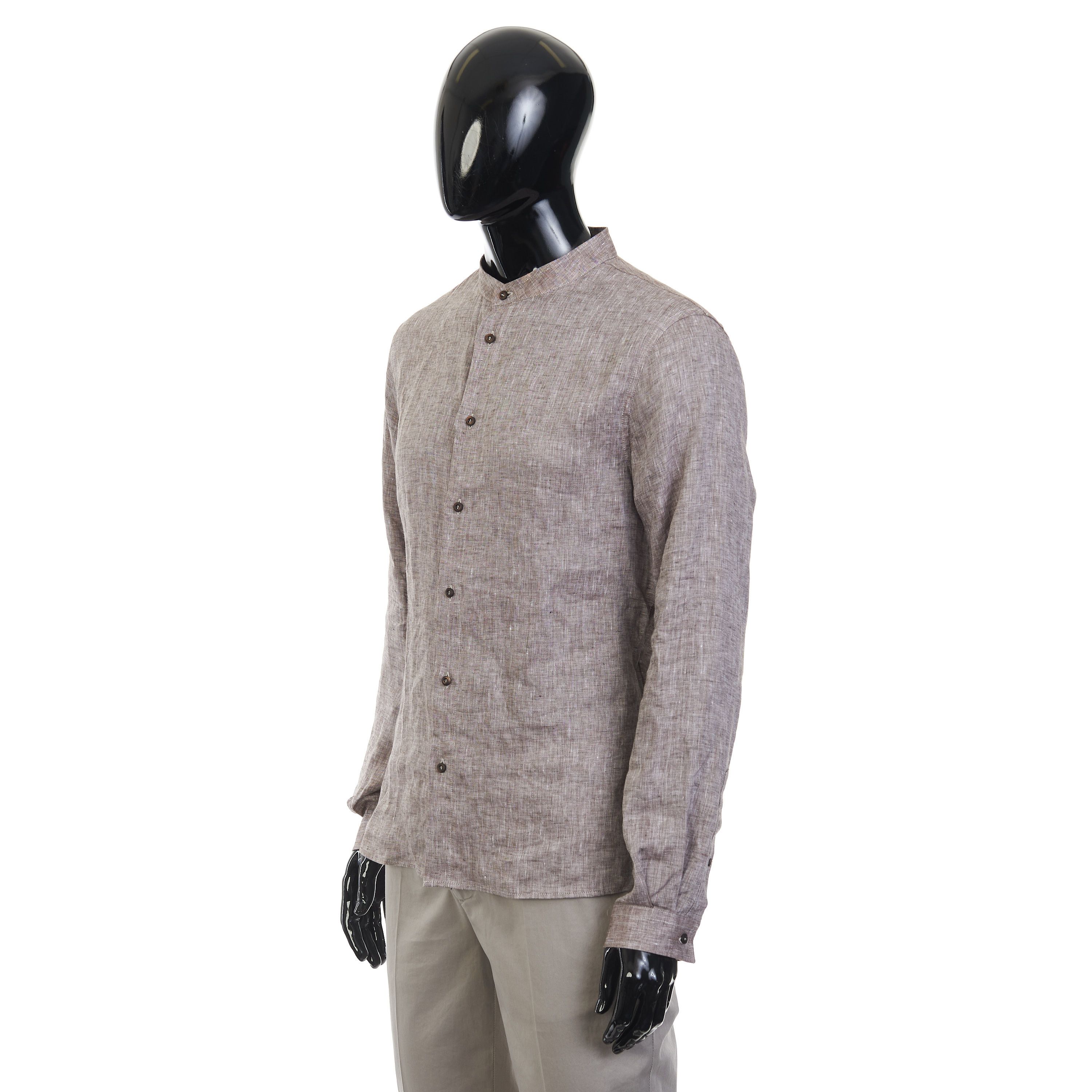 Brunello Cucinelli Brown Linen Shirt - Mandarin Collar, Easy Fit Size US S / EU 44-46 / 1 - 2 Thumbnail